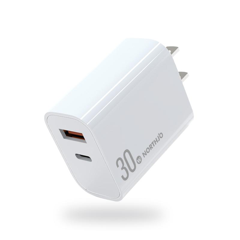NORTHJO NOPD3002 USB-C / Type-C PD 30W + QC3.0 USB Dual Port Wall Fast Charger US Plug(White) - Shopkiz.com