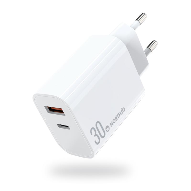 NORTHJO NOPD3002 USB-C / Type-C PD 30W + QC3.0 USB Dual Port Wall Fast Charger EU Plug(White) - Shopkiz.com