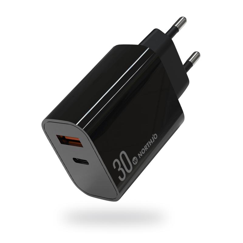 NORTHJO NOPD3002 USB-C / Type-C PD 30W + QC3.0 USB Dual Port Wall Fast Charger EU Plug(Black) - Shopkiz.com