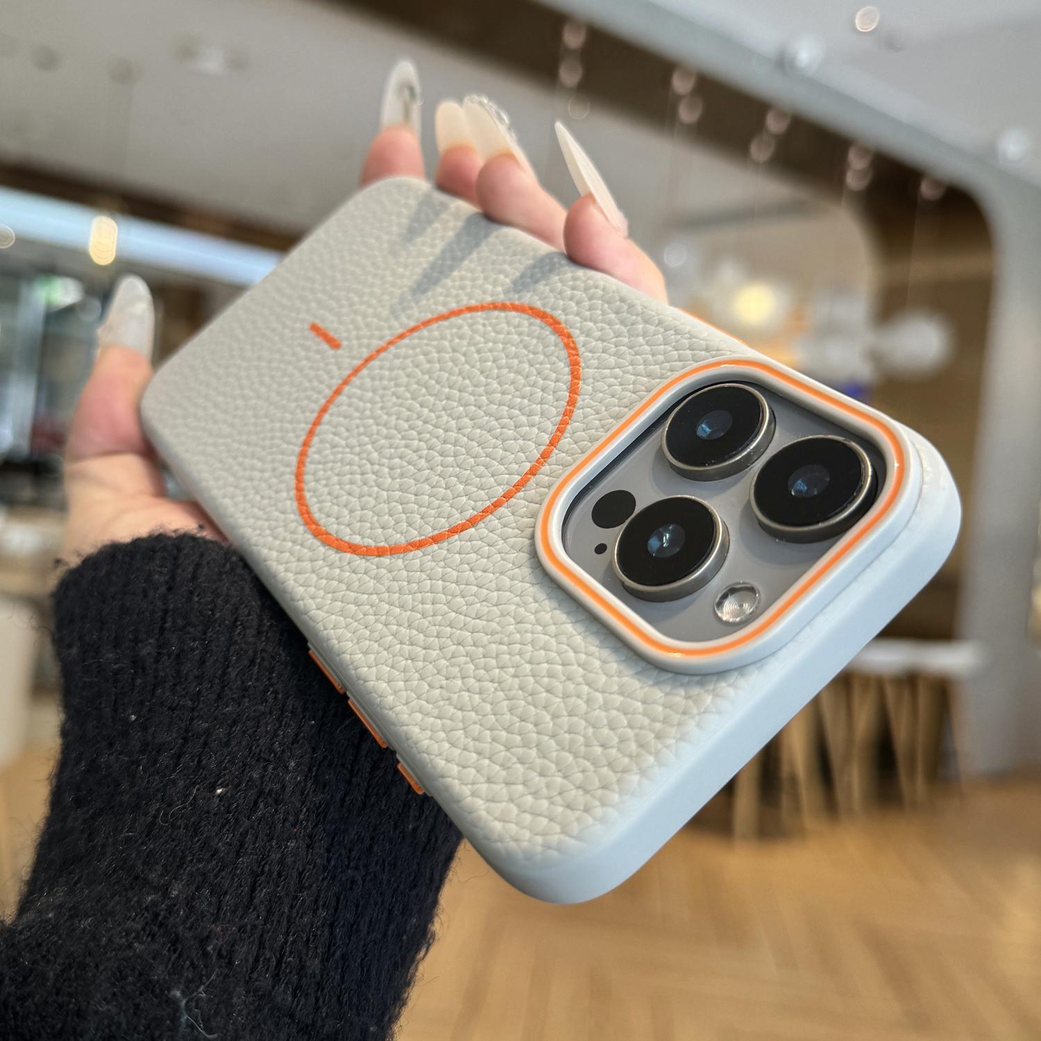 For iPhone 15 Pro Max Thin Circle MagSafe Litchi Grain TPU Phone Case(Gray) - Shopkiz.com