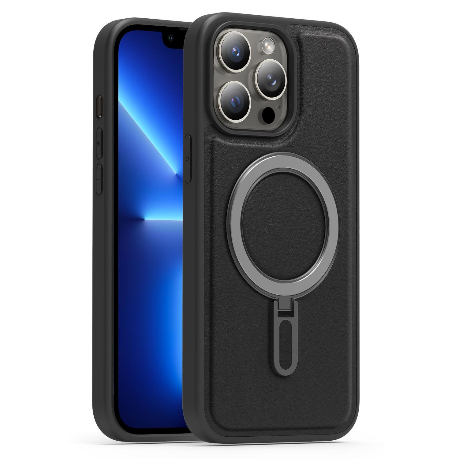 For iPhone 13 Pro Silver Shield MagSafe Holder Shockproof Phone Case(Black) - Shopkiz.com