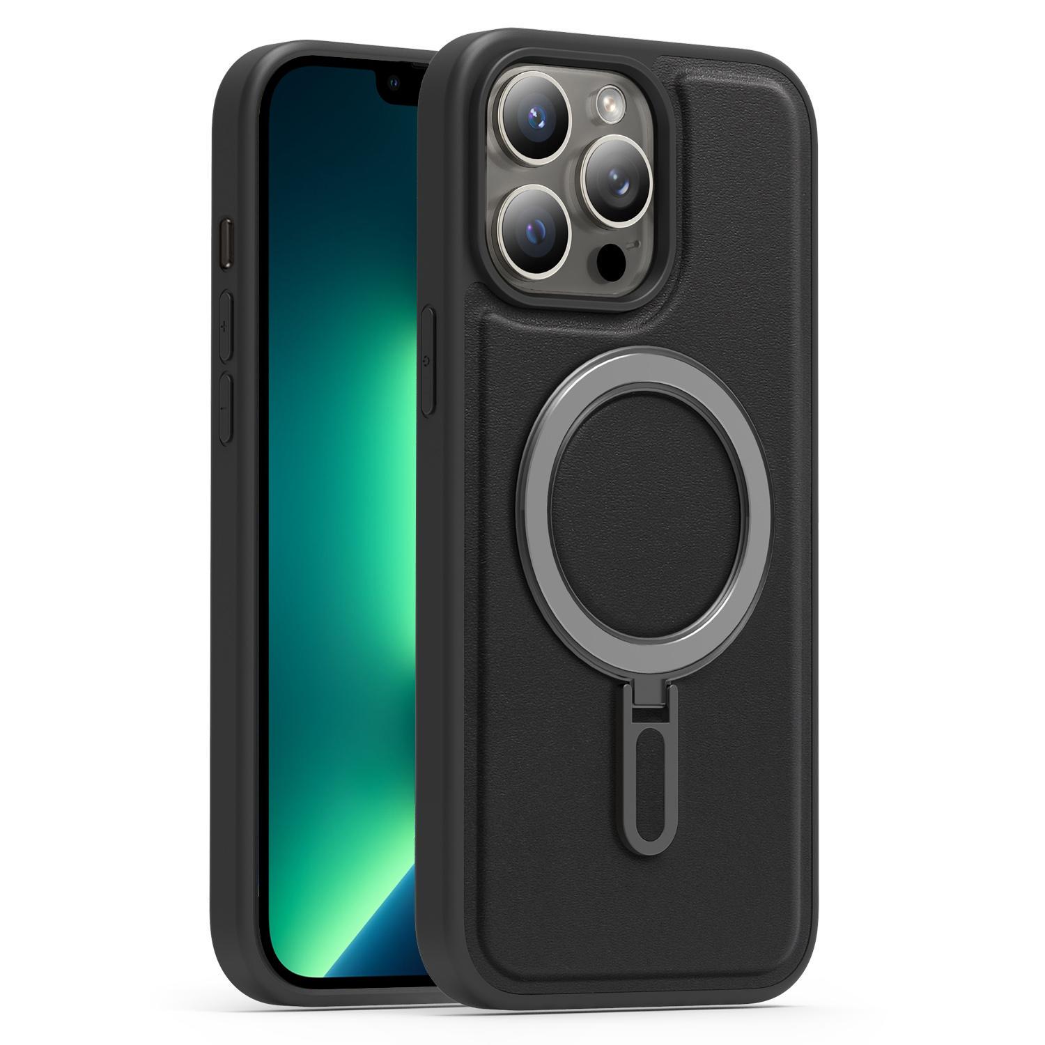 For iPhone 13 Pro Max Silver Shield MagSafe Holder Shockproof Phone Case(Black) - Shopkiz.com