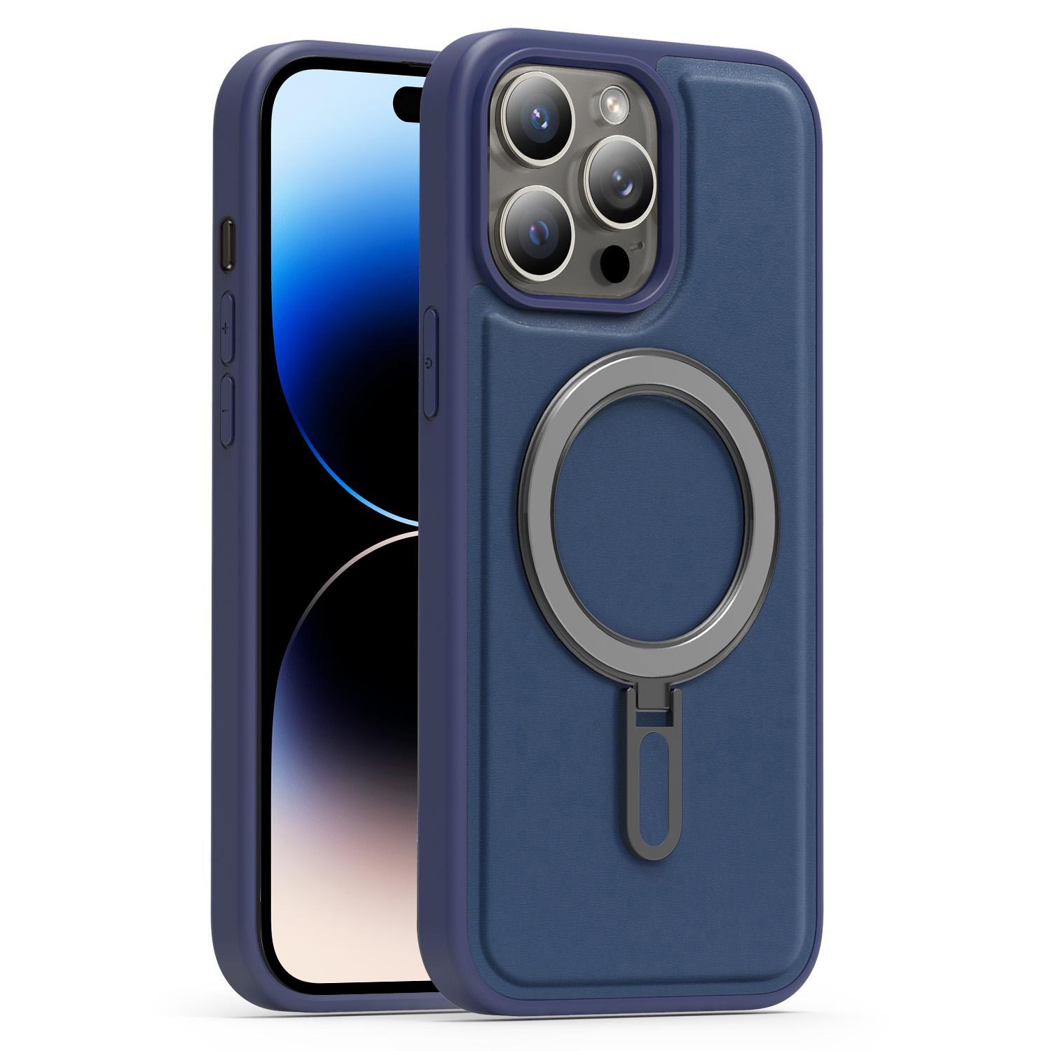 For iPhone 14 Pro Silver Shield MagSafe Holder Shockproof Phone Case(Deep Blue) - Shopkiz.com
