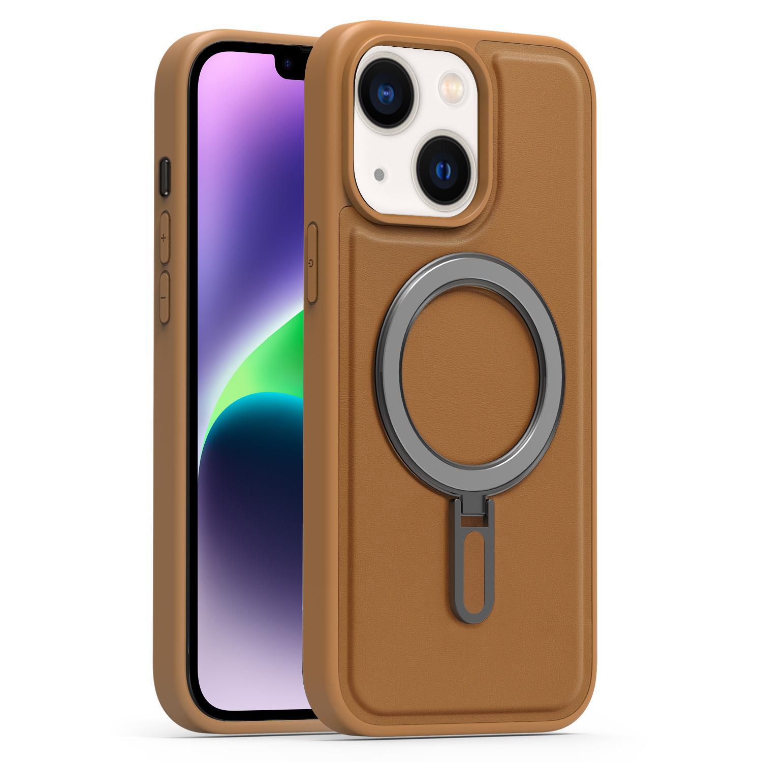 For iPhone 14 Plus Silver Shield MagSafe Holder Shockproof Phone Case(Brown) - Shopkiz.com