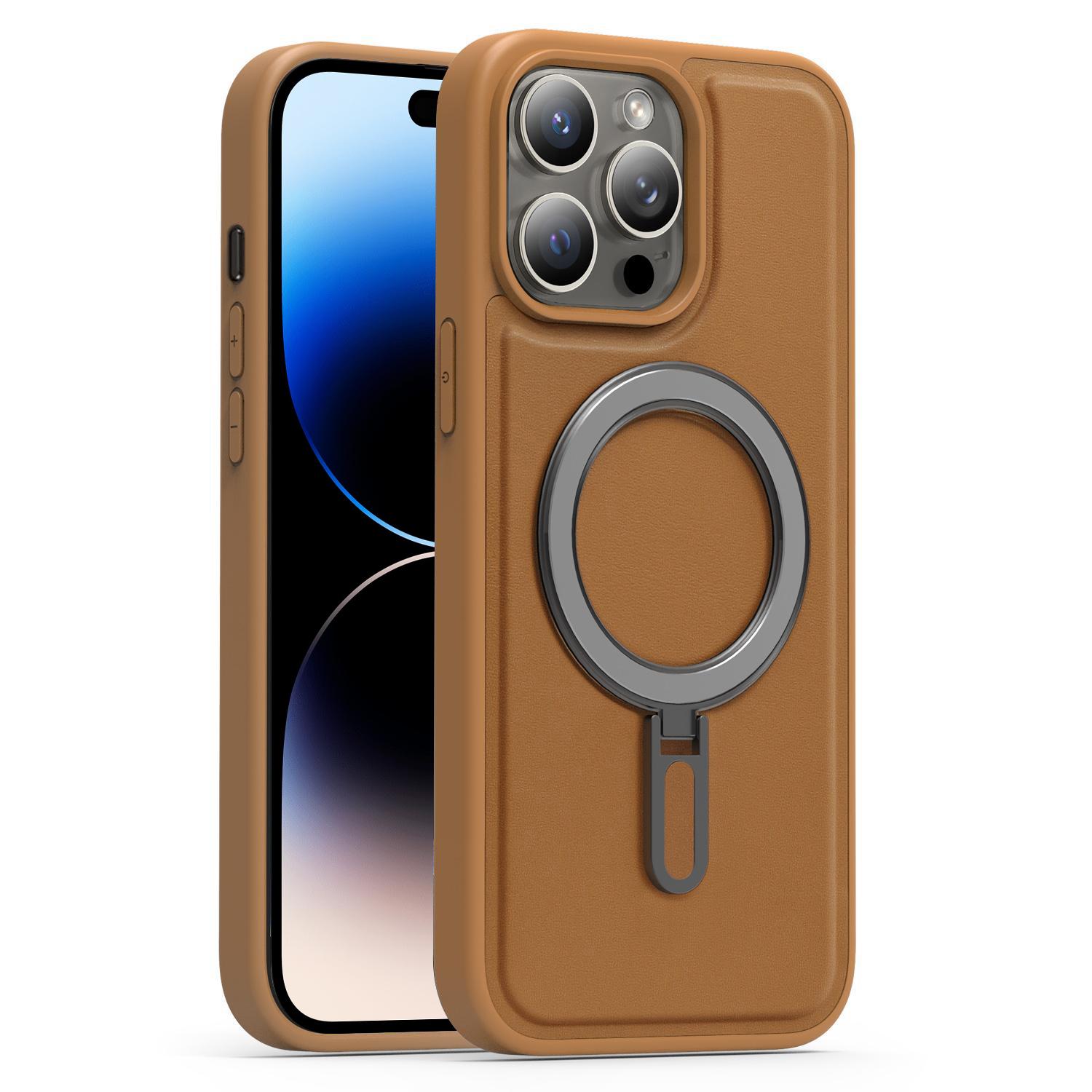 For iPhone 14 Pro Max Silver Shield MagSafe Holder Shockproof Phone Case(Brown) - Shopkiz.com