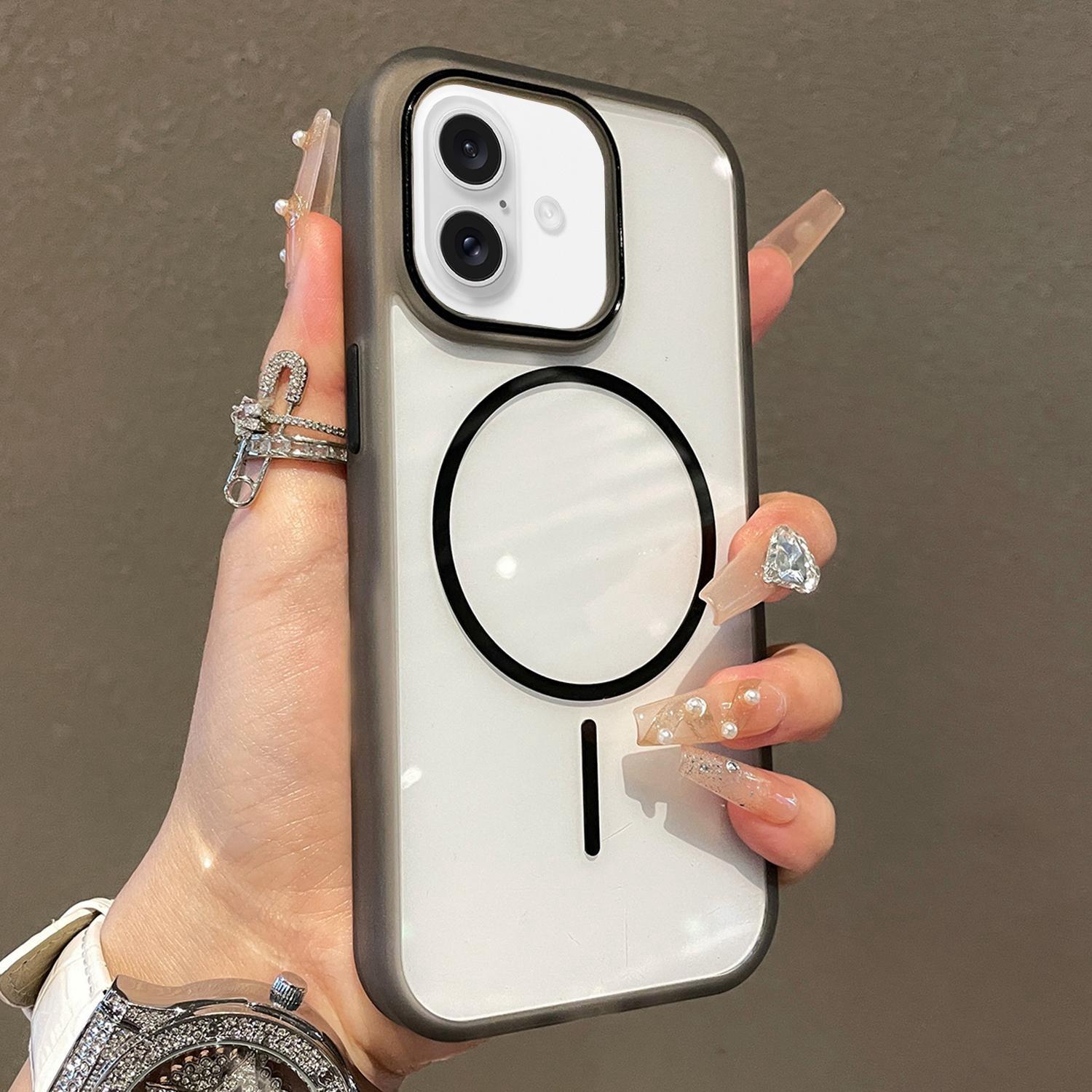 For iPhone 16 Plus Translucent Armor MagSafe N52 Thin Circle Phone Case(Transparent Black) - Shopkiz.com