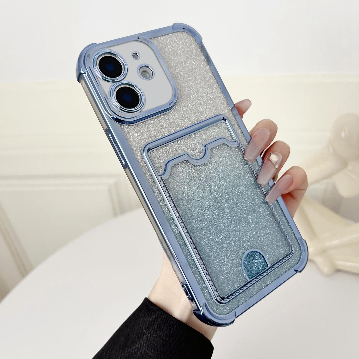 For iPhone 12 Four-cornered Glitter Electroplated Card Bag TPU Phone Case(Blue) - Shopkiz.com