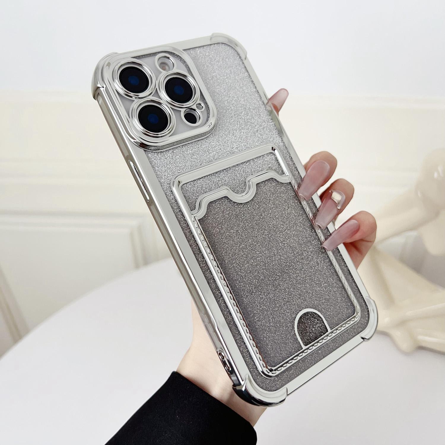 For iPhone 12 Pro Max Four-cornered Glitter Electroplated Card Bag TPU Phone Case(Silver) - Shopkiz.com
