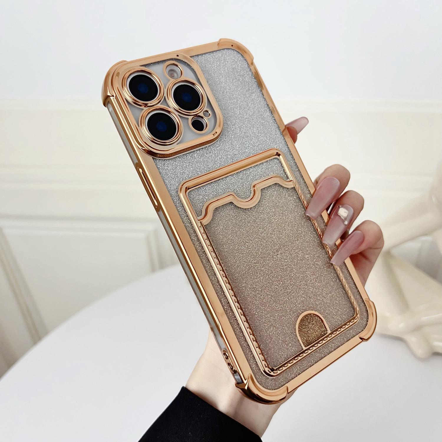 For iPhone 14 Pro Max Four-cornered Glitter Electroplated Card Bag TPU Phone Case(Gold) - Shopkiz.com