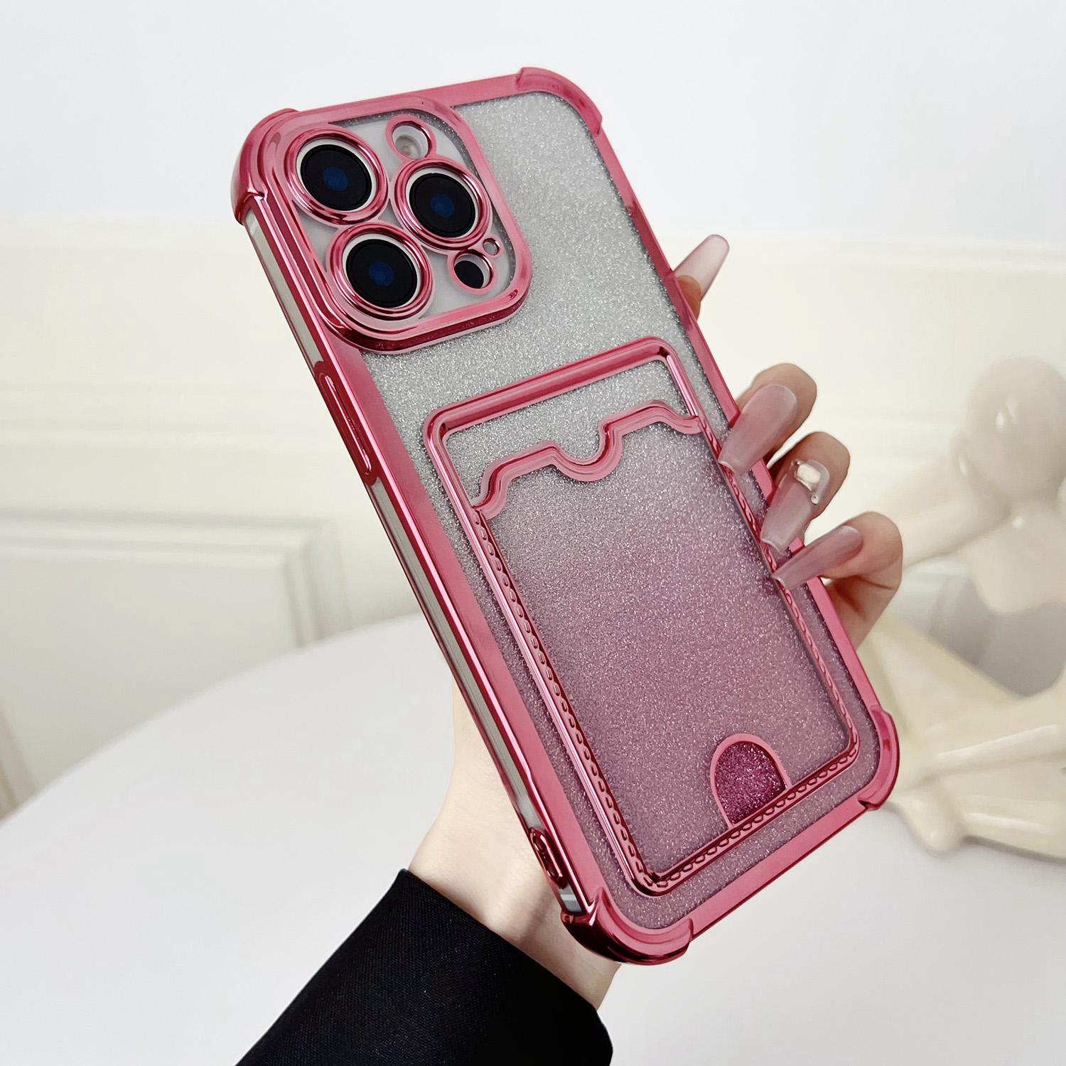For iPhone 15 Pro Max Four-cornered Glitter Electroplated Card Bag TPU Phone Case(Pink) - Shopkiz.com