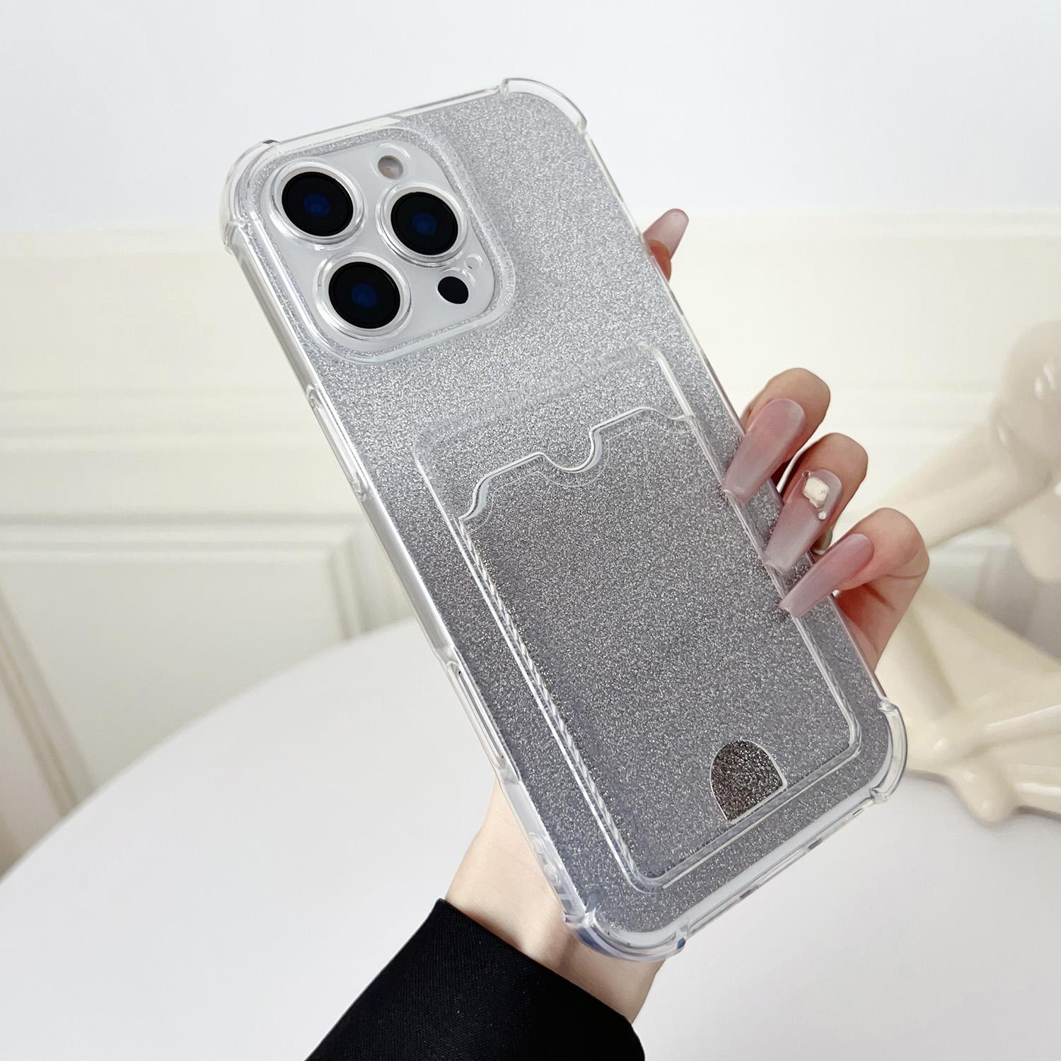 For iPhone 16 Pro Max Four-cornered Glitter Electroplated Card Bag TPU Phone Case(Transparent) - Shopkiz.com