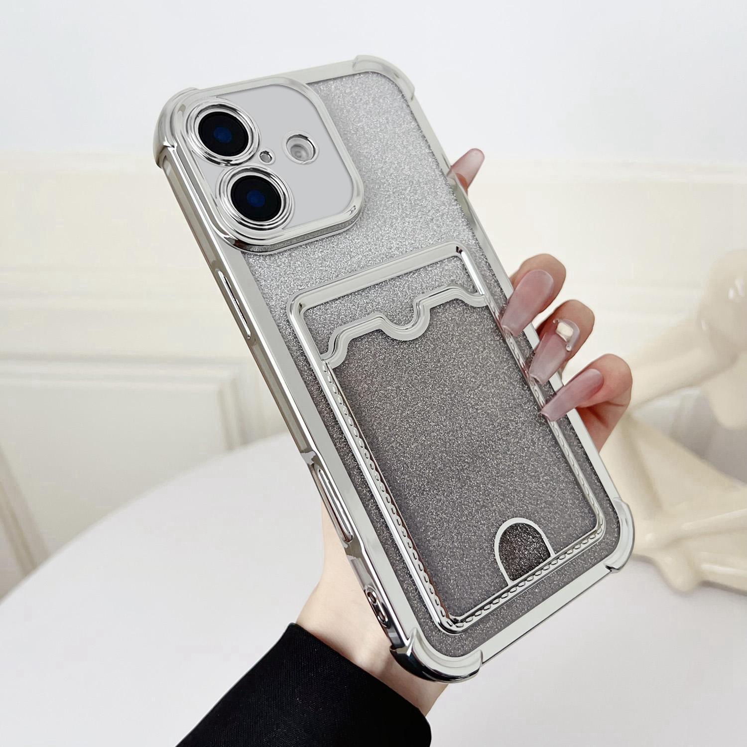 For iPhone 17 Four-cornered Glitter Electroplated Card Bag TPU Phone Case(Silver) - Shopkiz.com