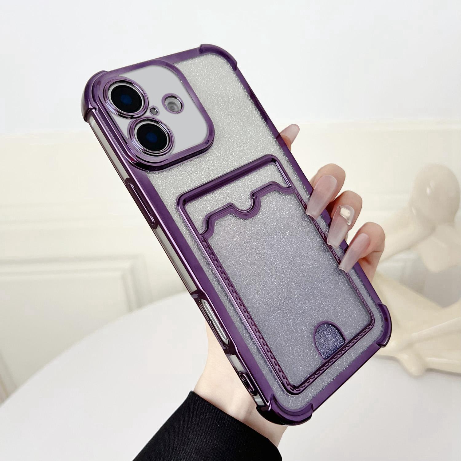 For iPhone 17 Four-cornered Glitter Electroplated Card Bag TPU Phone Case(Purple) - Shopkiz.com