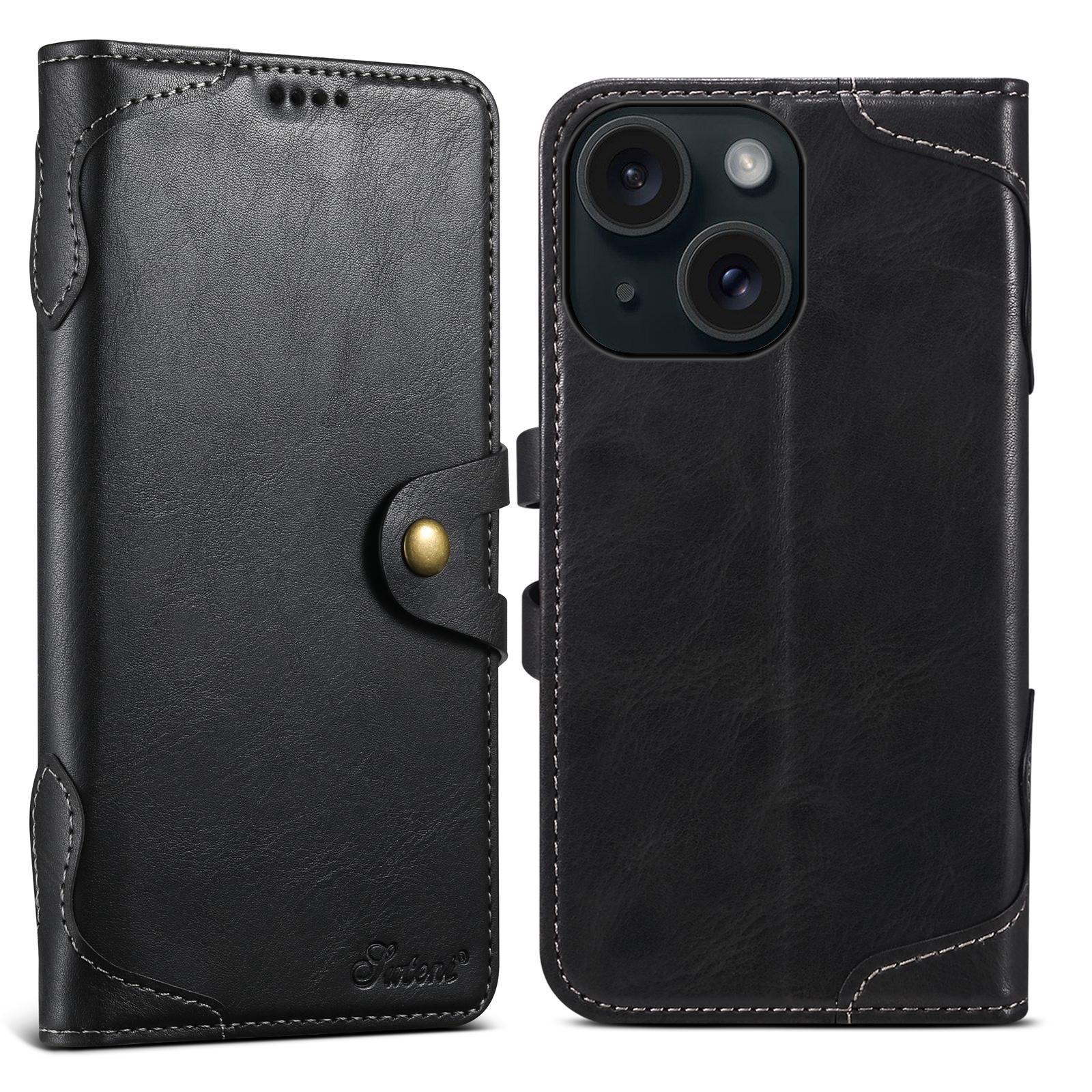 For iPhone 15 Plus Suteni Q-03 Oil Wax Magnetic Clasp Leather Phone Case(Black) - Shopkiz.com
