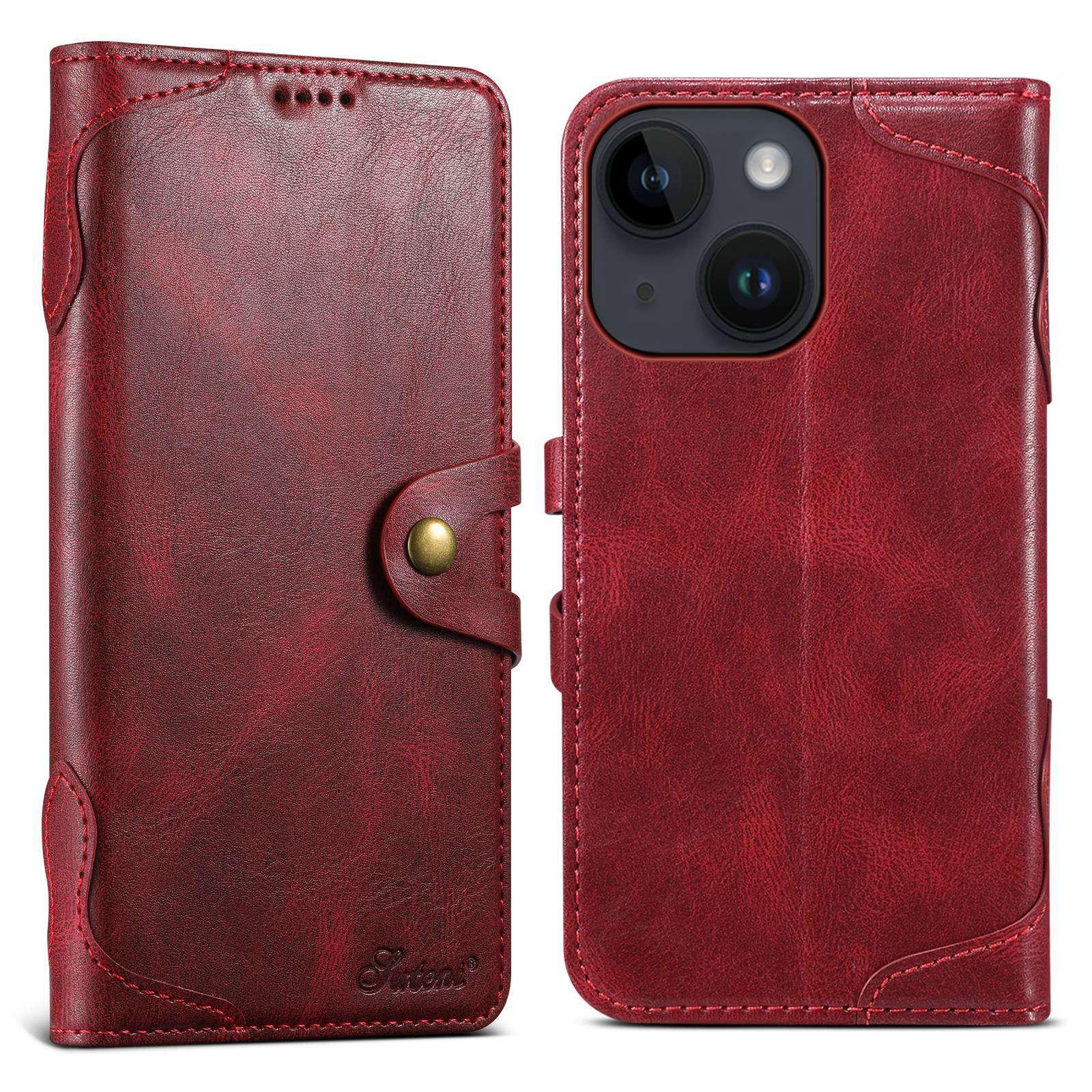 For iPhone 14 Plus Suteni Q-03 Oil Wax Magnetic Clasp Leather Phone Case(Red) - Shopkiz.com
