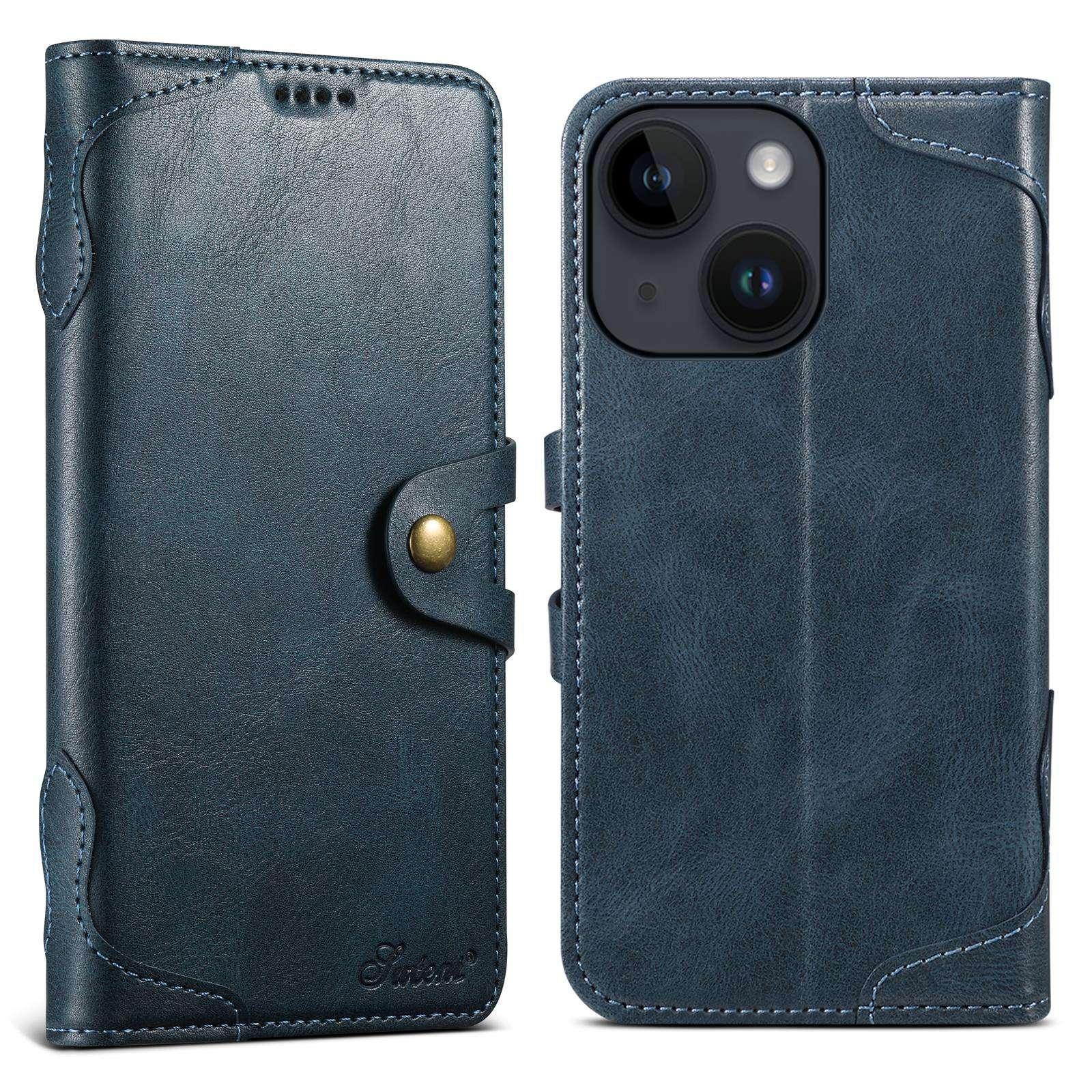 For iPhone 14 Plus Suteni Q-03 Oil Wax Magnetic Clasp Leather Phone Case(Blue) - Shopkiz.com