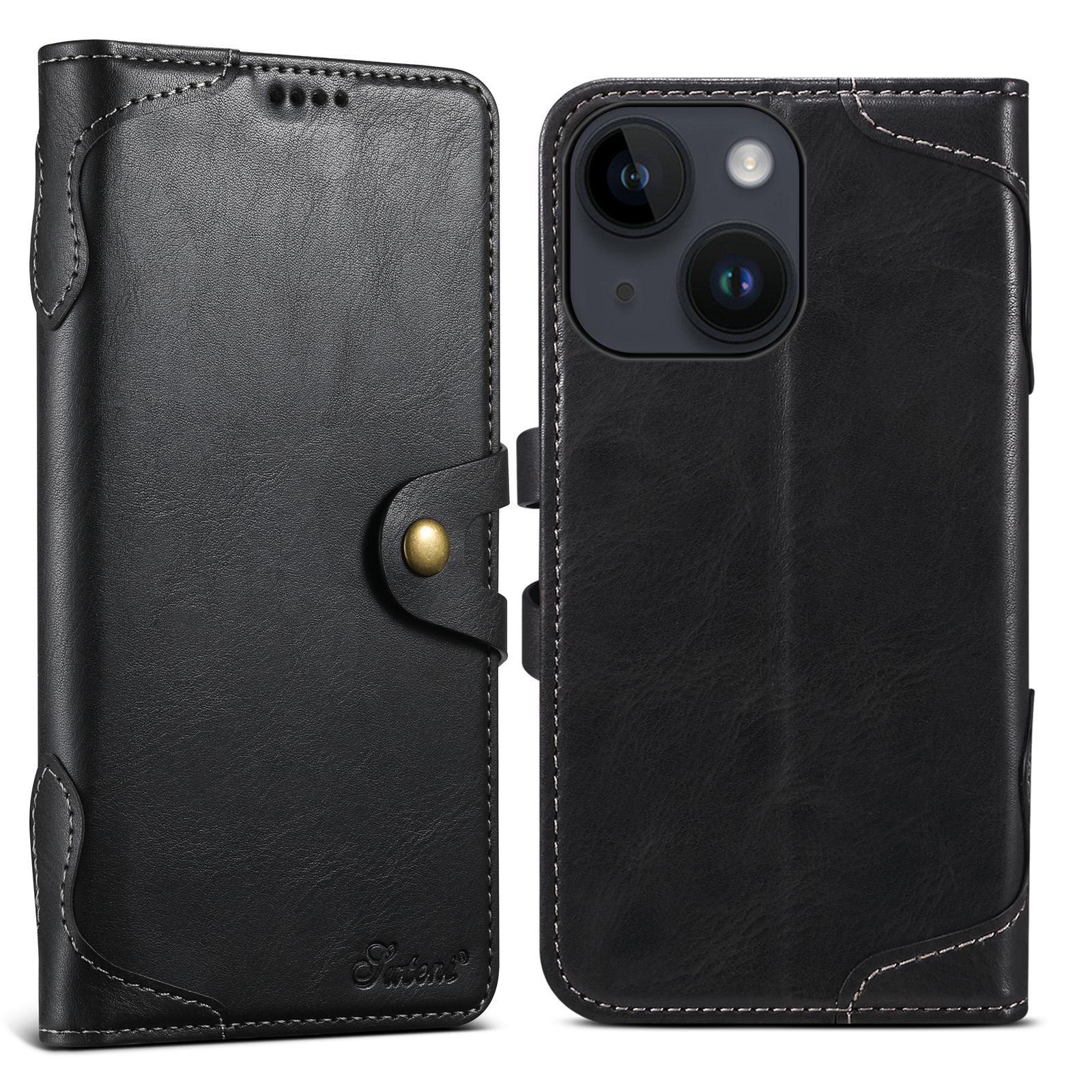 For iPhone 13 Suteni Q-03 Oil Wax Magnetic Clasp Leather Phone Case(Black) - Shopkiz.com