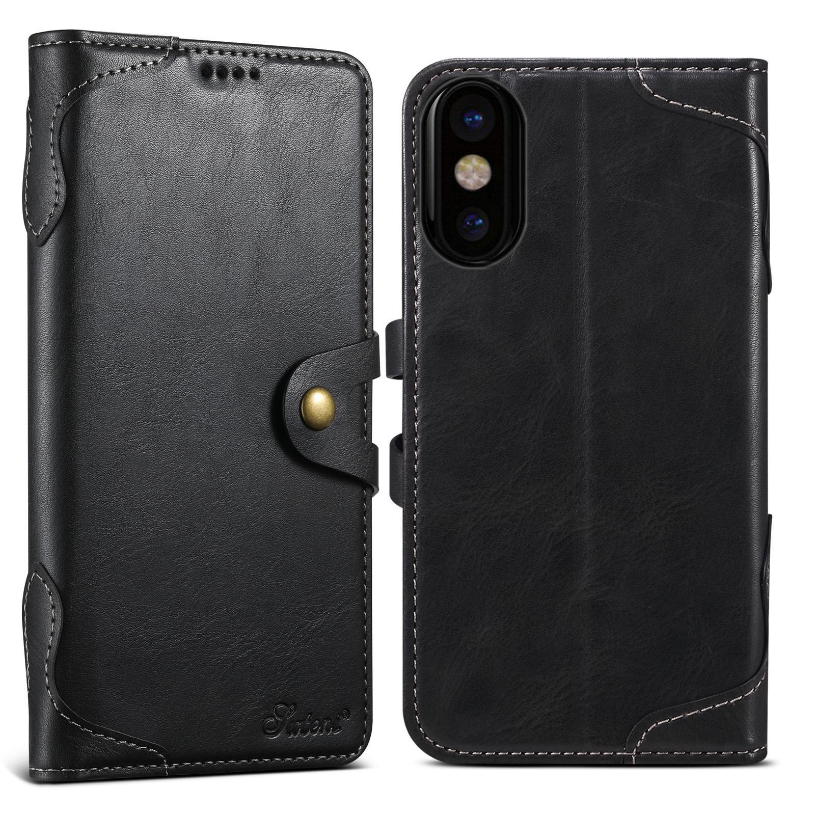For iPhone X / XS Suteni Q-03 Oil Wax Magnetic Clasp Leather Phone Case(Black) - Shopkiz.com