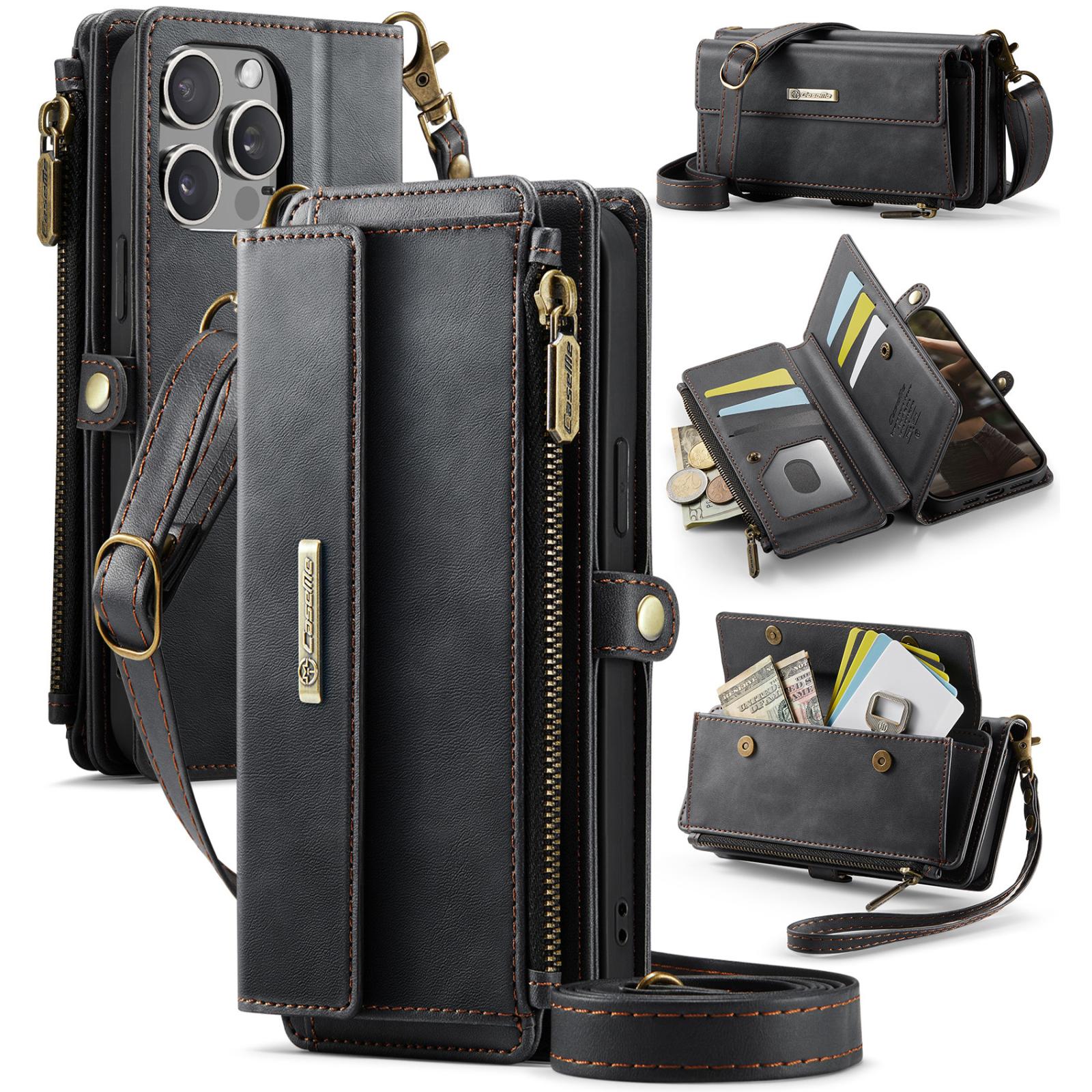 For iPhone 12 Pro Max CaseMe C39 RFID Blocking Zipper Wallet Leather Phone Case with Crossbody Strap(Black) - Shopkiz.com