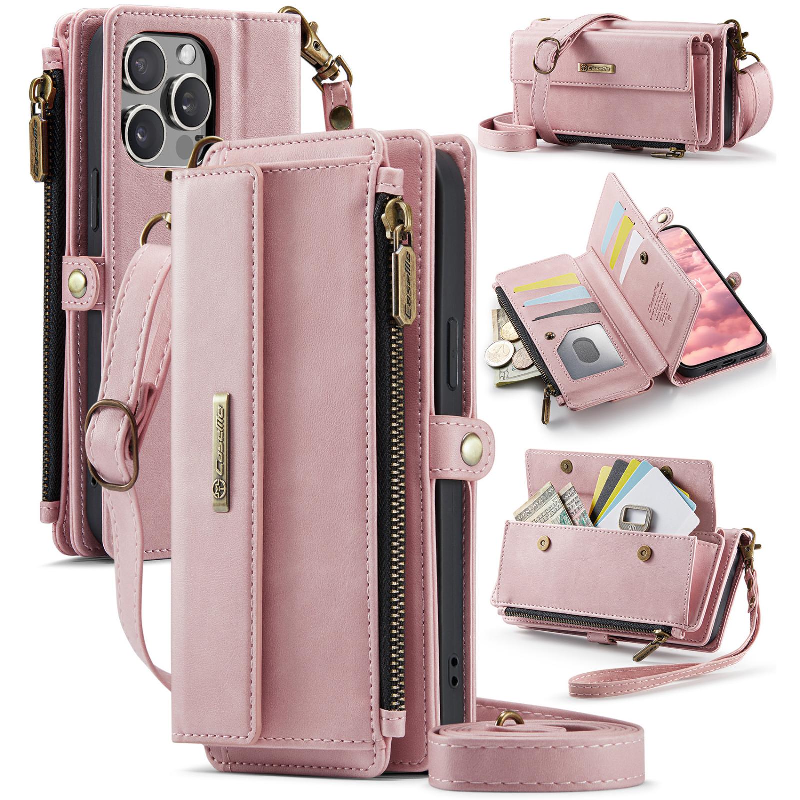 For iPhone 12 Pro Max CaseMe C39 RFID Blocking Zipper Wallet Leather Phone Case with Crossbody Strap(Pink) - Shopkiz.com