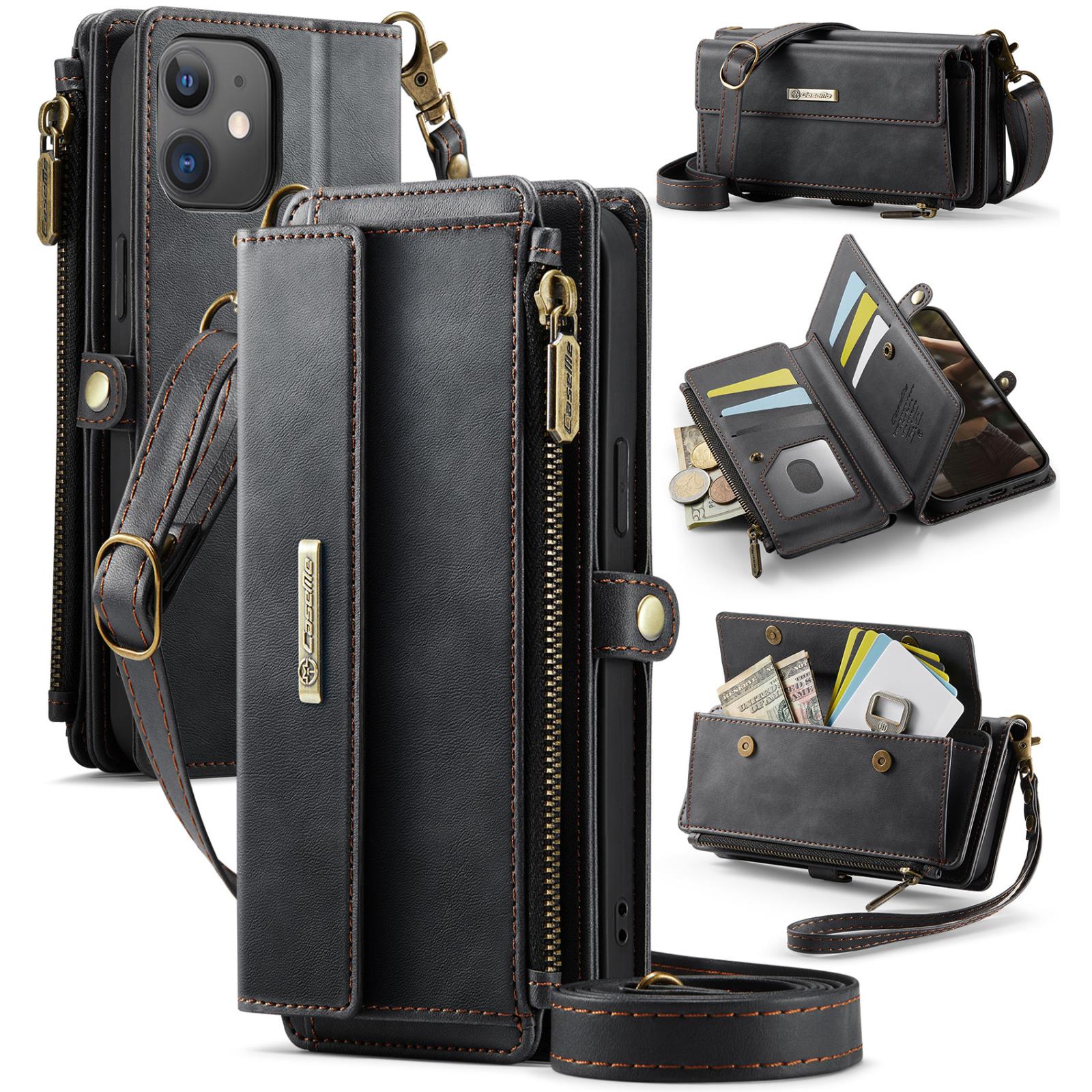 For iPhone 12 / 12 Pro CaseMe C39 RFID Blocking Zipper Wallet Leather Phone Case with Crossbody Strap(Black) - Shopkiz.com
