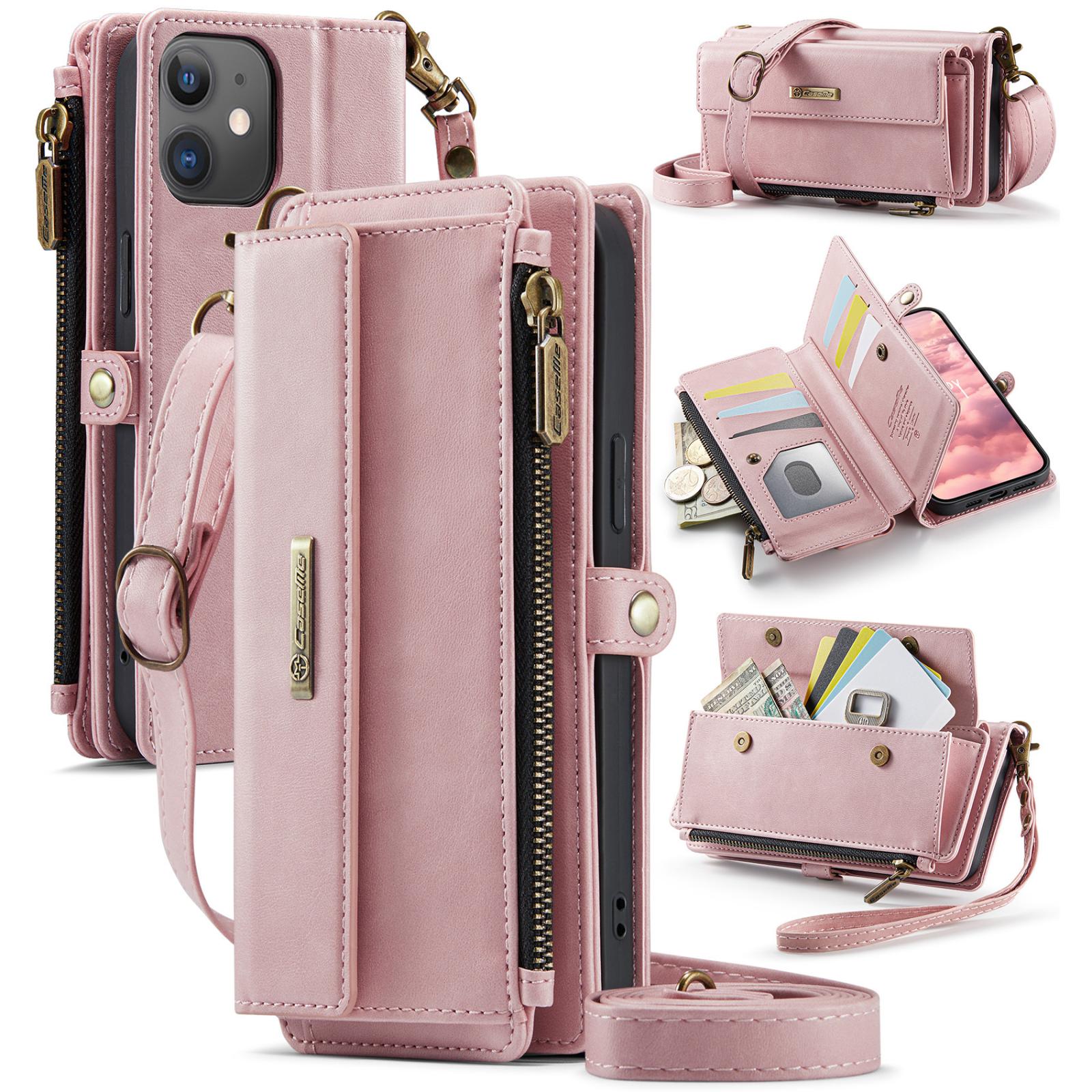For iPhone 12 / 12 Pro CaseMe C39 RFID Blocking Zipper Wallet Leather Phone Case with Crossbody Strap(Pink) - Shopkiz.com