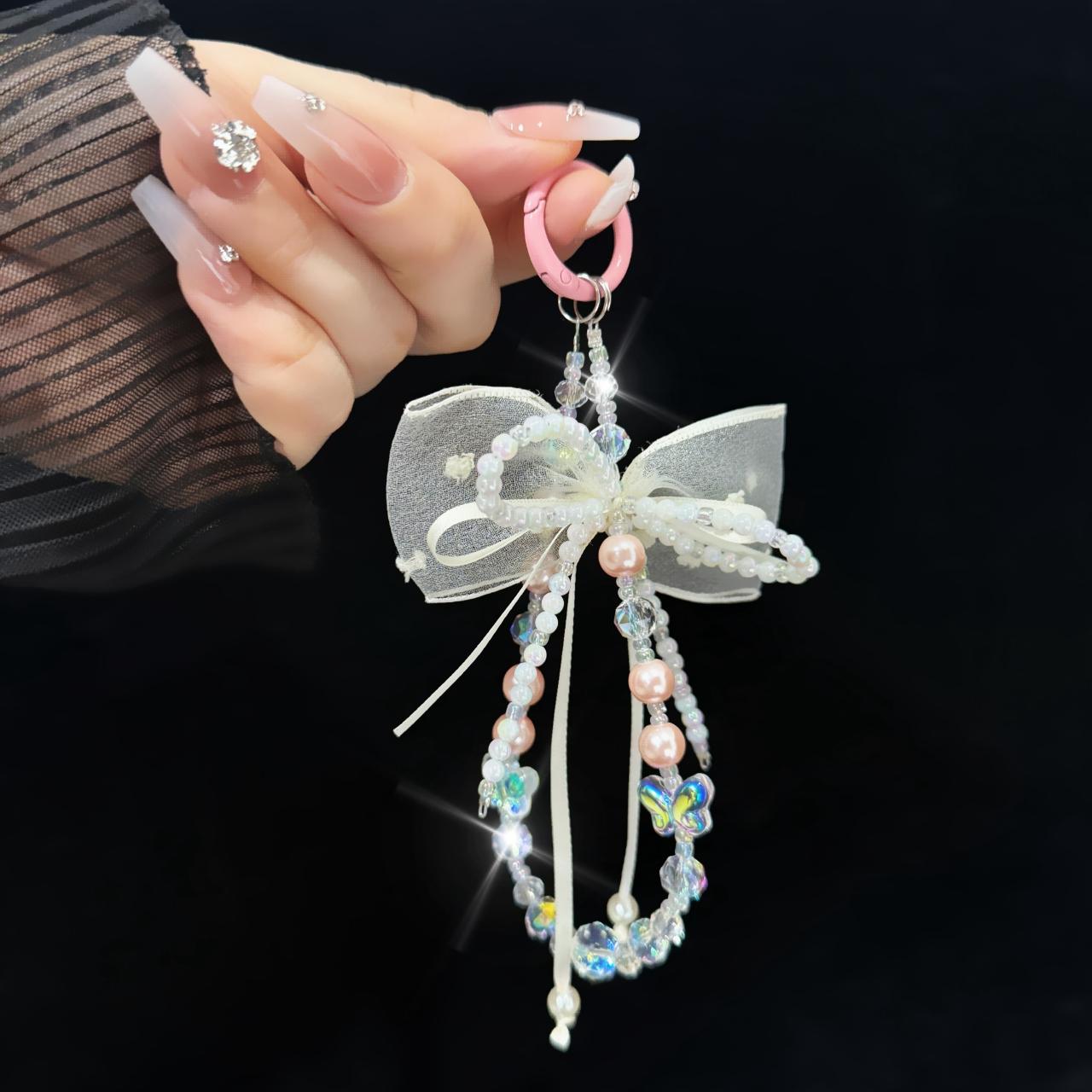 Pearl Bow Laser Butterfly Mobile Phone Chain(Pink) - Shopkiz.com
