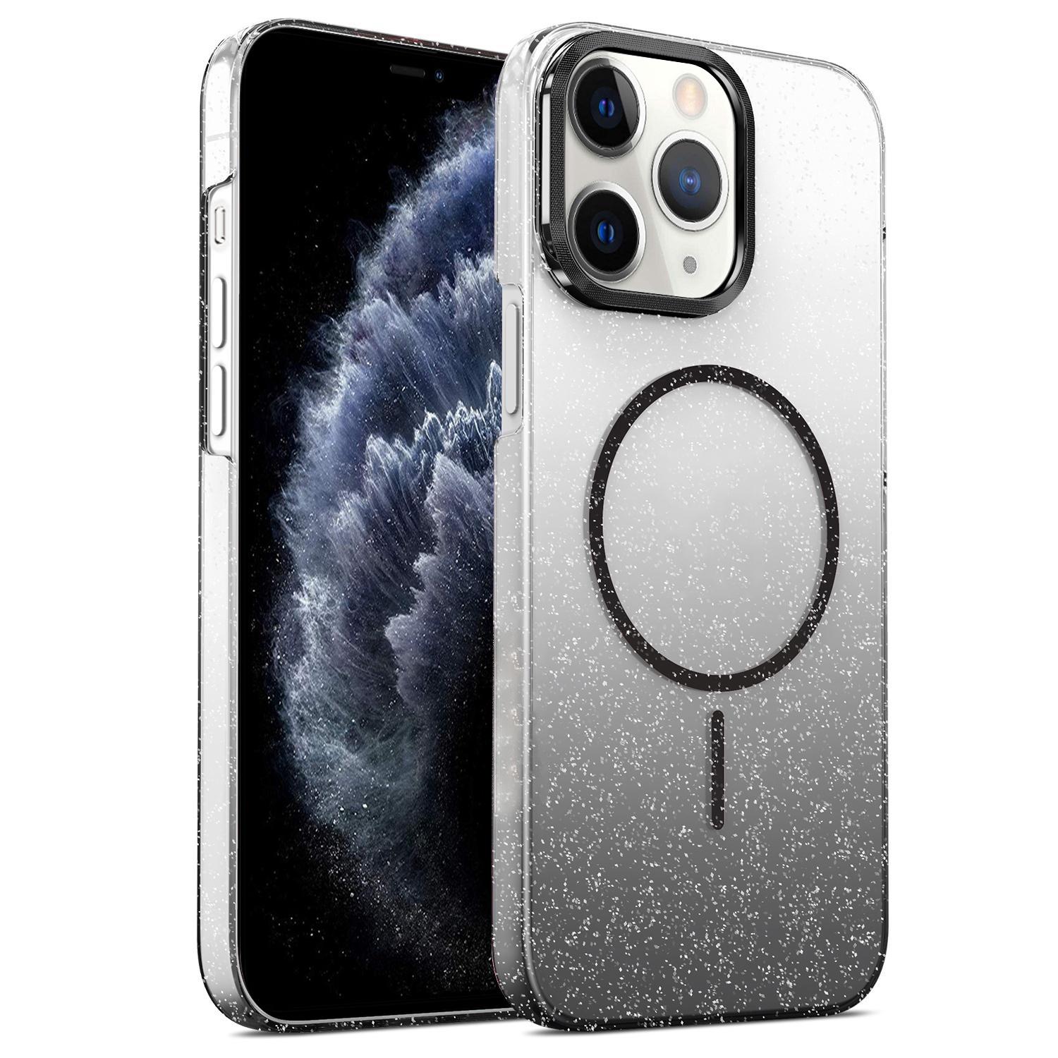For iPhone 11 Pro Max Gold Diamond Glitter Gradient MagSafe Shockproof Phone Case(Black) - Shopkiz.com