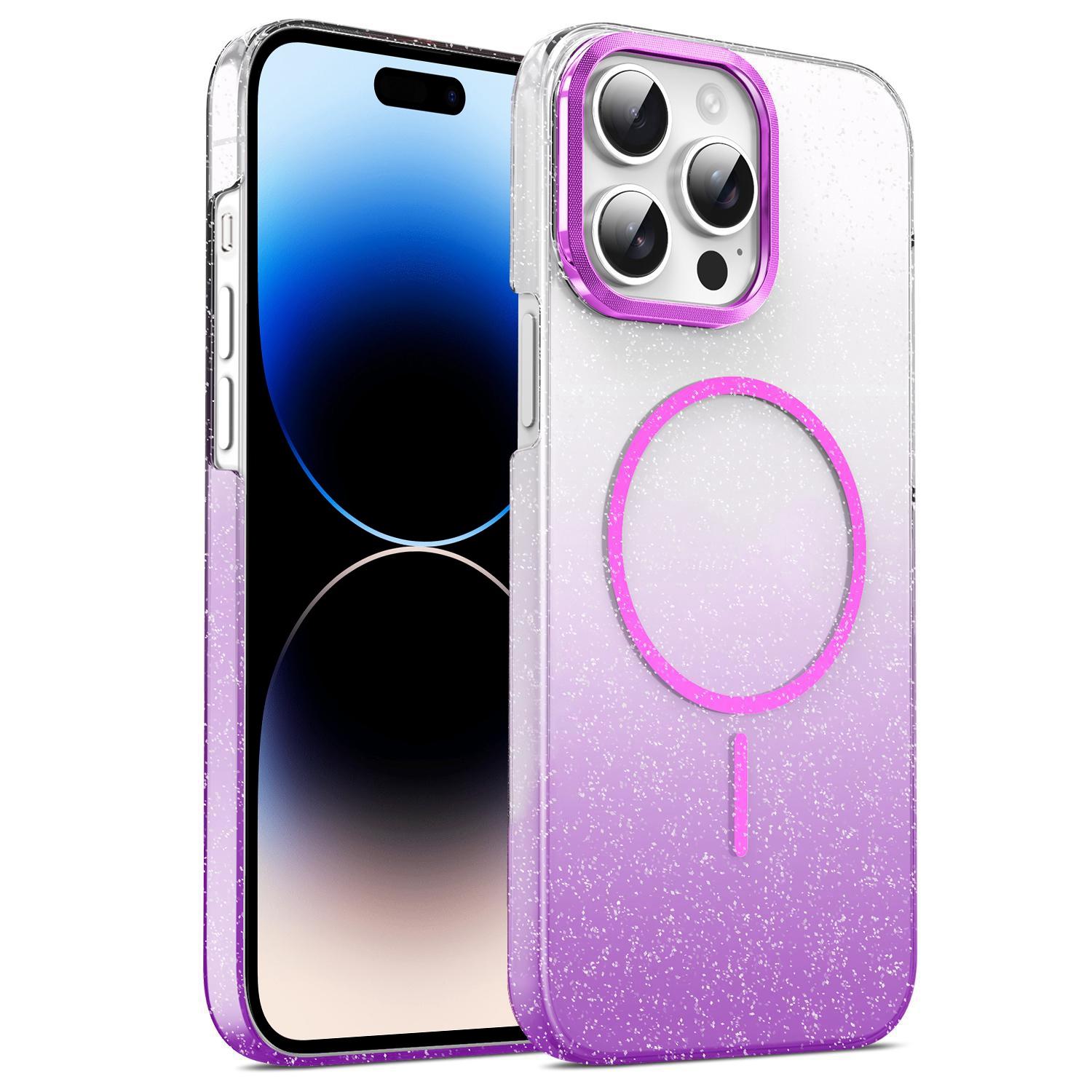 For iPhone 14 Pro Gold Diamond Glitter Gradient MagSafe Shockproof Phone Case(Purple) - Shopkiz.com