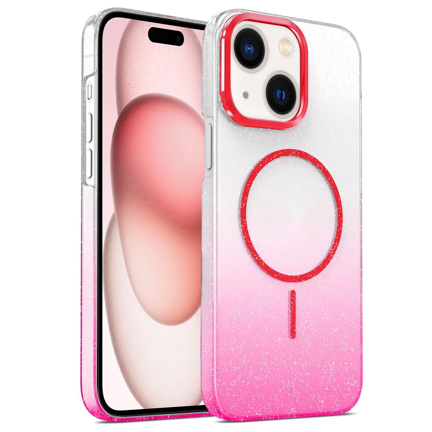 For iPhone 15 Plus Gold Diamond Glitter Gradient MagSafe Shockproof Phone Case(Red) - Shopkiz.com