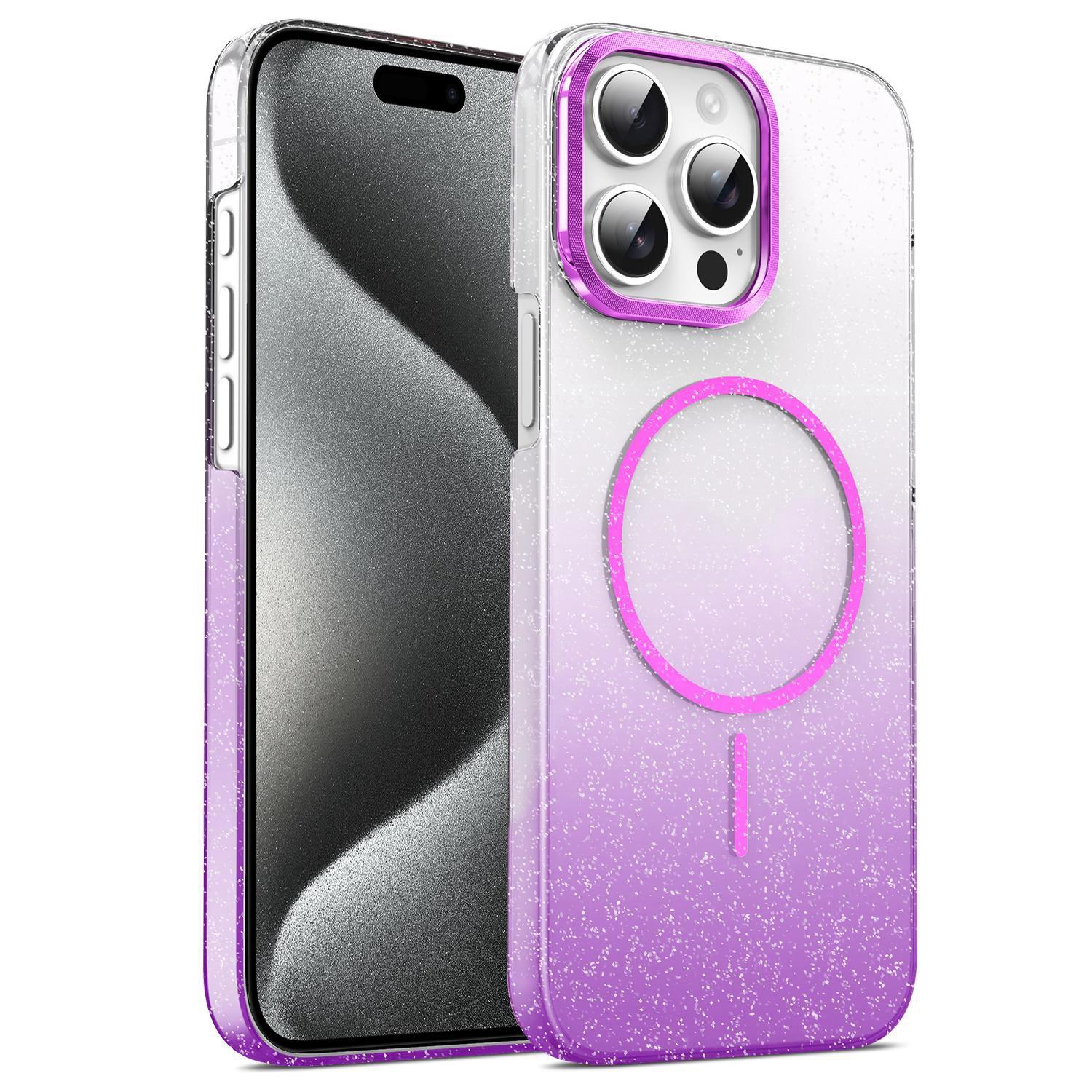 For iPhone 15 Pro Gold Diamond Glitter Gradient MagSafe Shockproof Phone Case(Purple) - Shopkiz.com