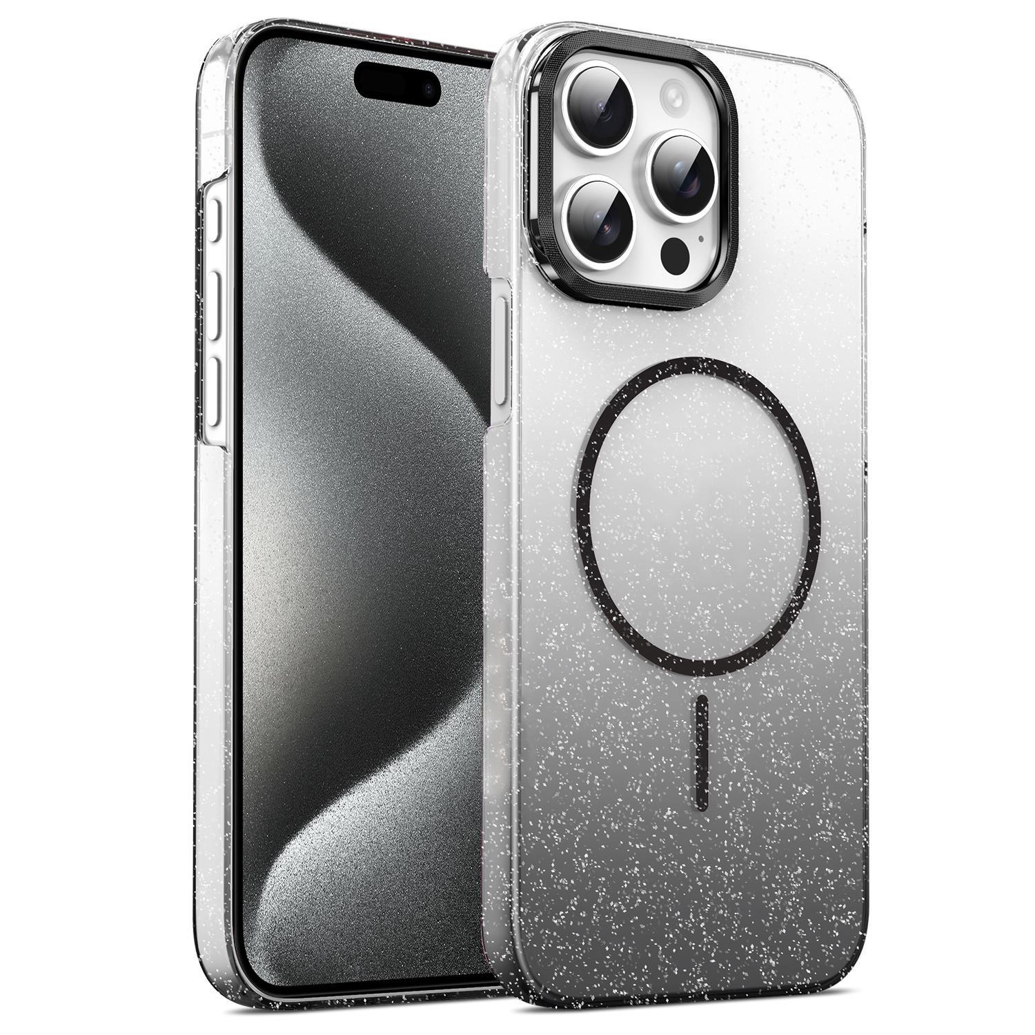 For iPhone 15 Pro Max Gold Diamond Glitter Gradient MagSafe Shockproof Phone Case(Black) - Shopkiz.com