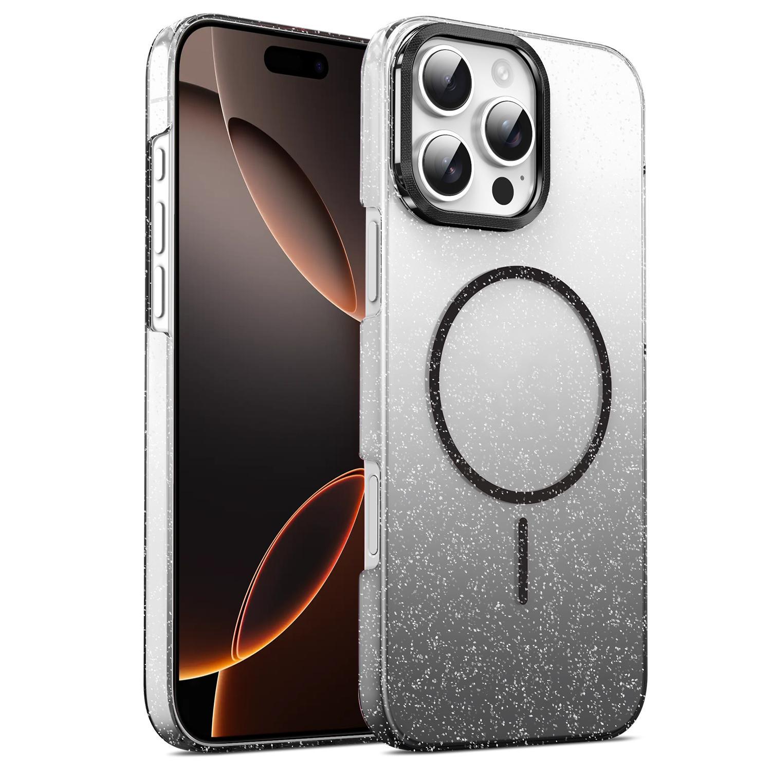 For iPhone 16 Pro Max Gold Diamond Glitter Gradient MagSafe Shockproof Phone Case(Black) - Shopkiz.com