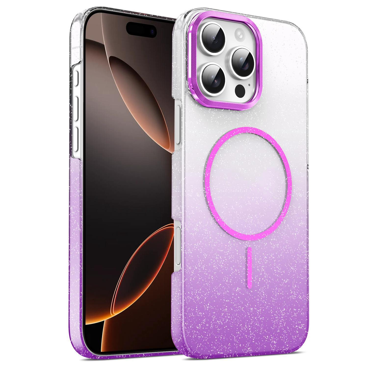 For iPhone 16 Pro Max Gold Diamond Glitter Gradient MagSafe Shockproof Phone Case(Purple) - Shopkiz.com