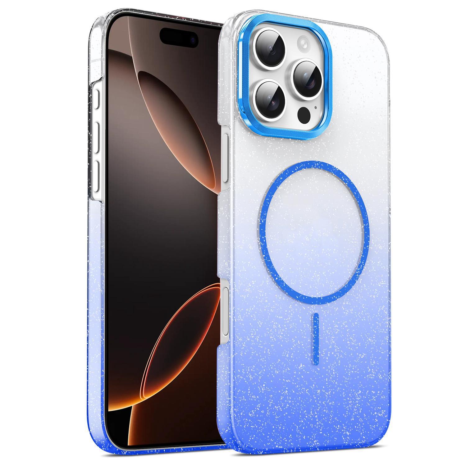 For iPhone 16 Pro Gold Diamond Glitter Gradient MagSafe Shockproof Phone Case(Blue) - Shopkiz.com