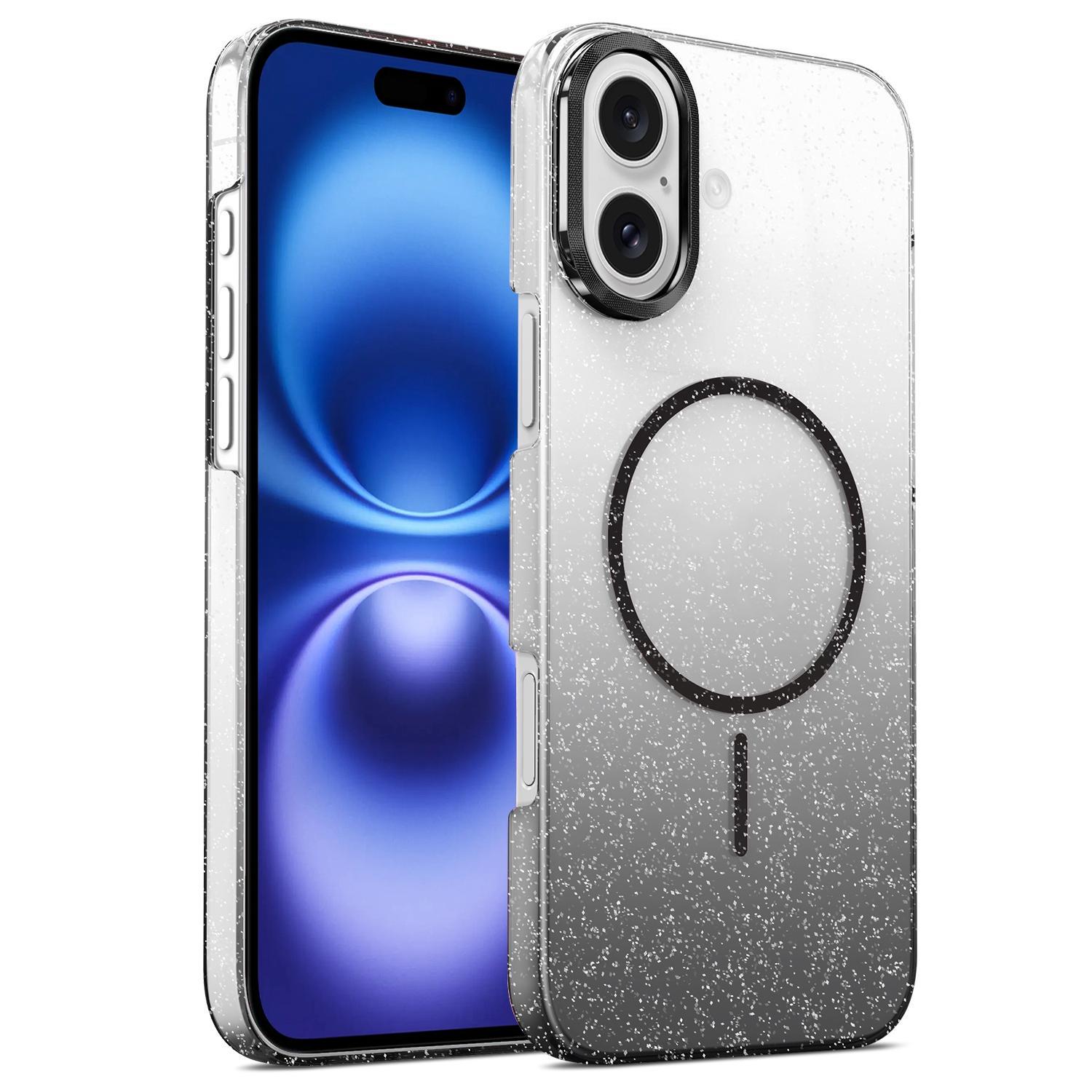For iPhone 16 Plus Gold Diamond Glitter Gradient MagSafe Shockproof Phone Case(Black) - Shopkiz.com