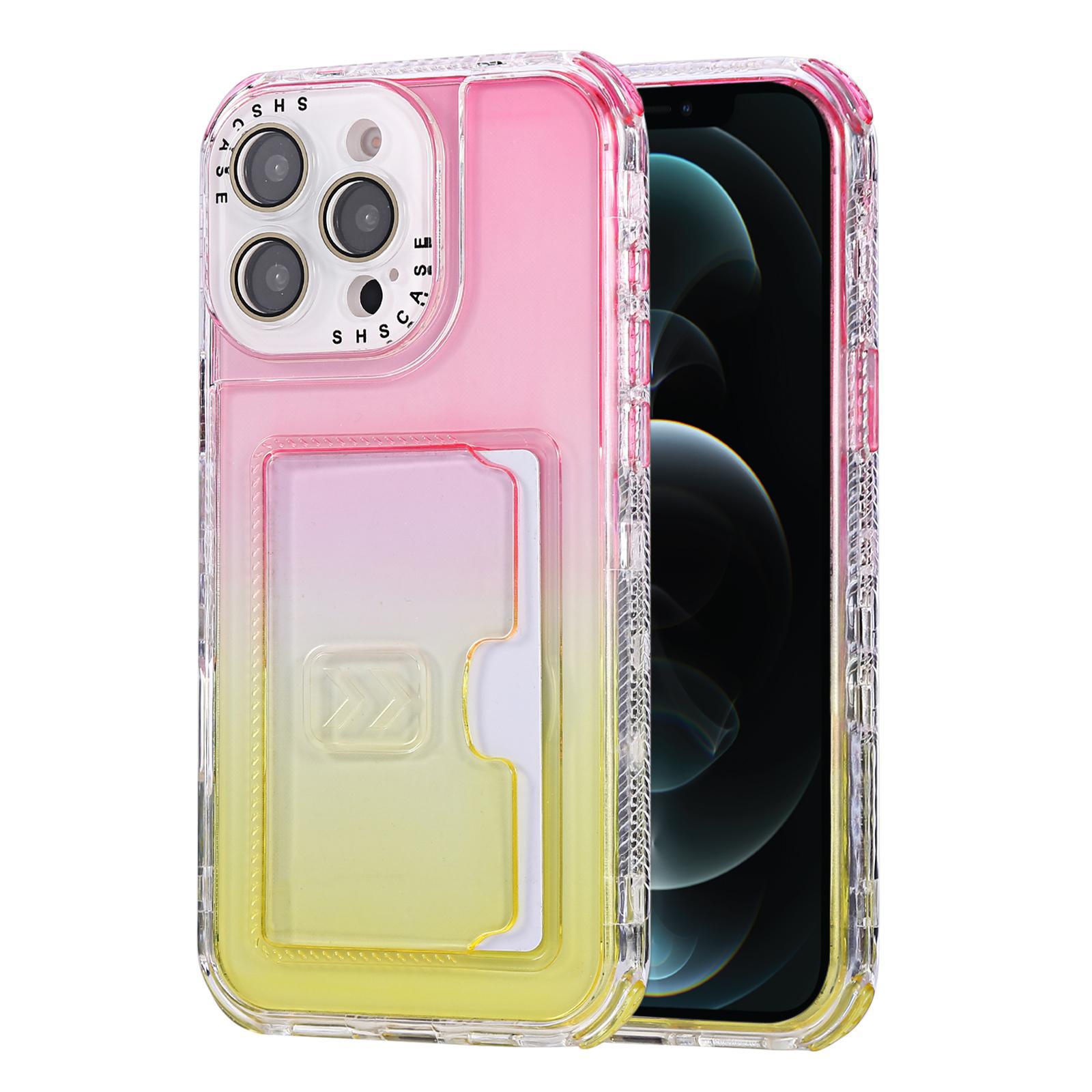 For iPhone 12 Pro Max Gradient 3-in-1 Card Bag TPU Shockproof Phone Case(Pink Yellow) - Shopkiz.com