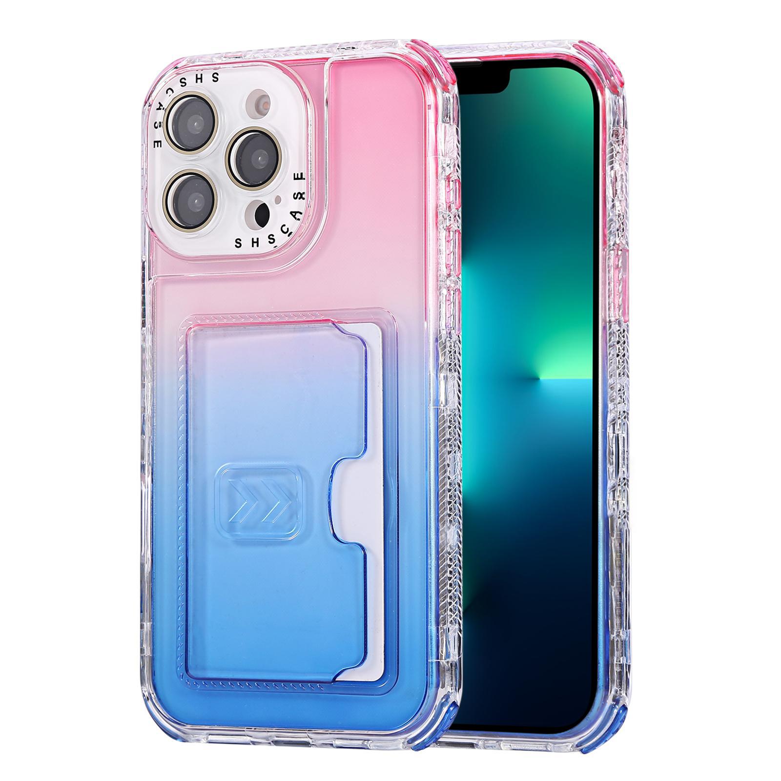 For iPhone 13 Pro Max Gradient 3-in-1 Card Bag TPU Shockproof Phone Case(Pink Blue) - Shopkiz.com