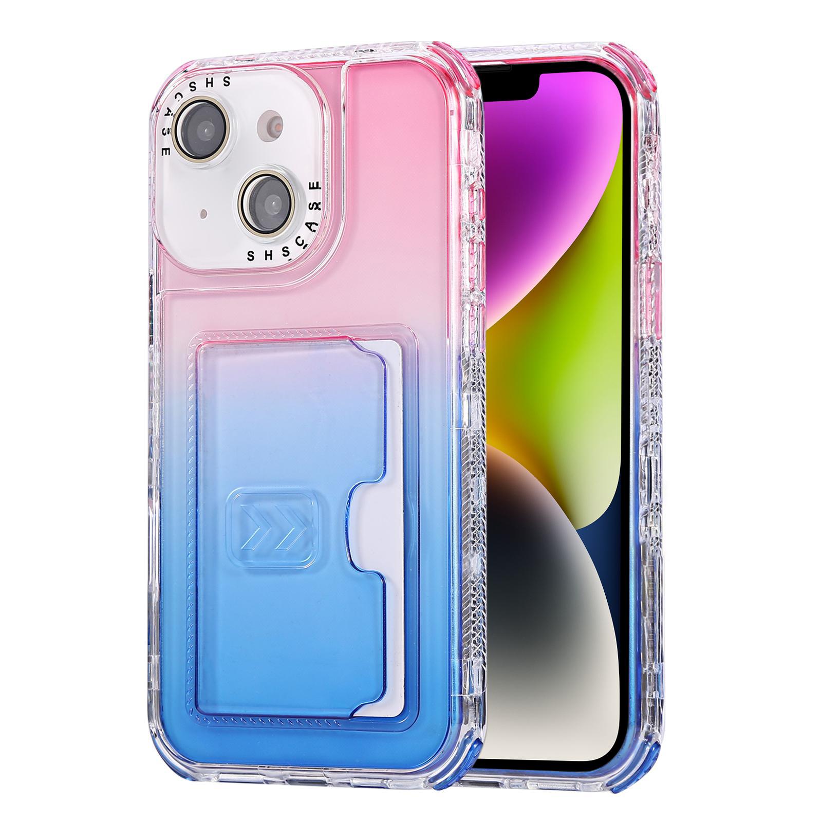 For iPhone 14 Gradient 3-in-1 Card Bag TPU Shockproof Phone Case(Pink Blue) - Shopkiz.com