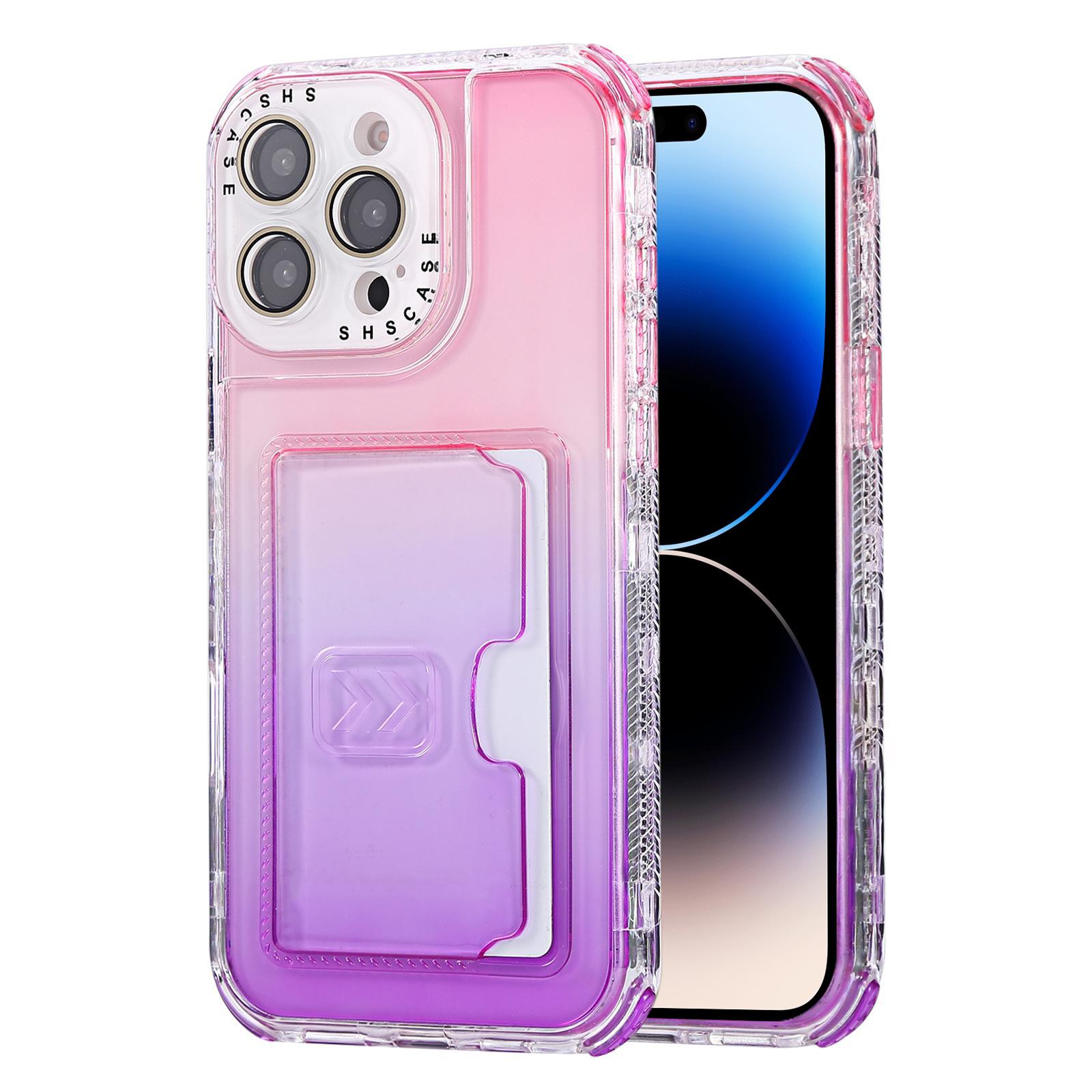 For iPhone 14 Pro Max Gradient 3-in-1 Card Bag TPU Shockproof Phone Case(Pink Purple) - Shopkiz.com