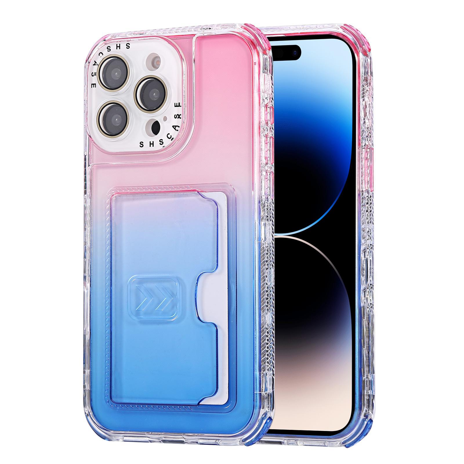 For iPhone 14 Pro Max Gradient 3-in-1 Card Bag TPU Shockproof Phone Case(Pink Blue) - Shopkiz.com