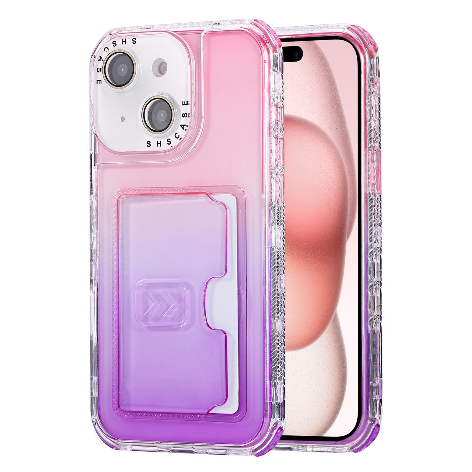 For iPhone 15 Plus Gradient 3-in-1 Card Bag TPU Shockproof Phone Case(Pink Purple) - Shopkiz.com