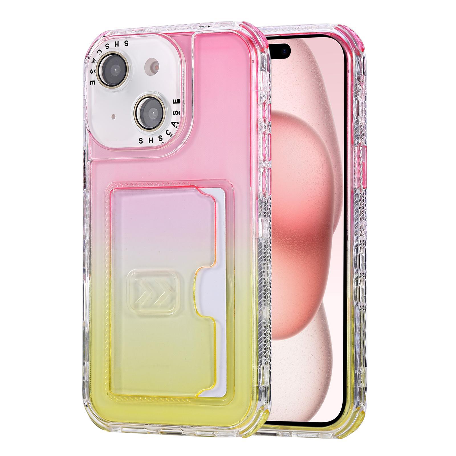 For iPhone 15 Plus Gradient 3-in-1 Card Bag TPU Shockproof Phone Case(Pink Yellow) - Shopkiz.com