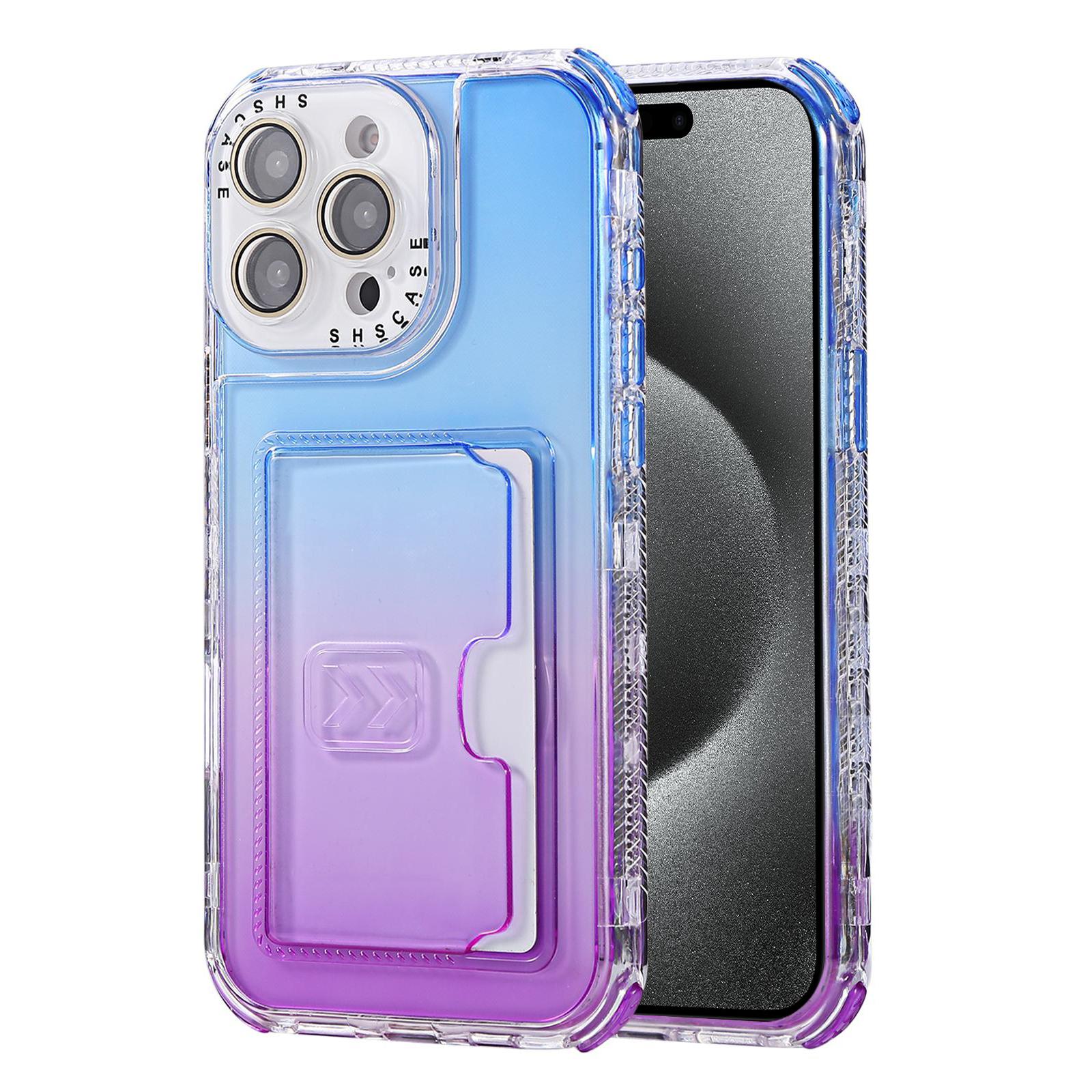 For iPhone 15 Pro Max Gradient 3-in-1 Card Bag TPU Shockproof Phone Case(Blue Purple) - Shopkiz.com