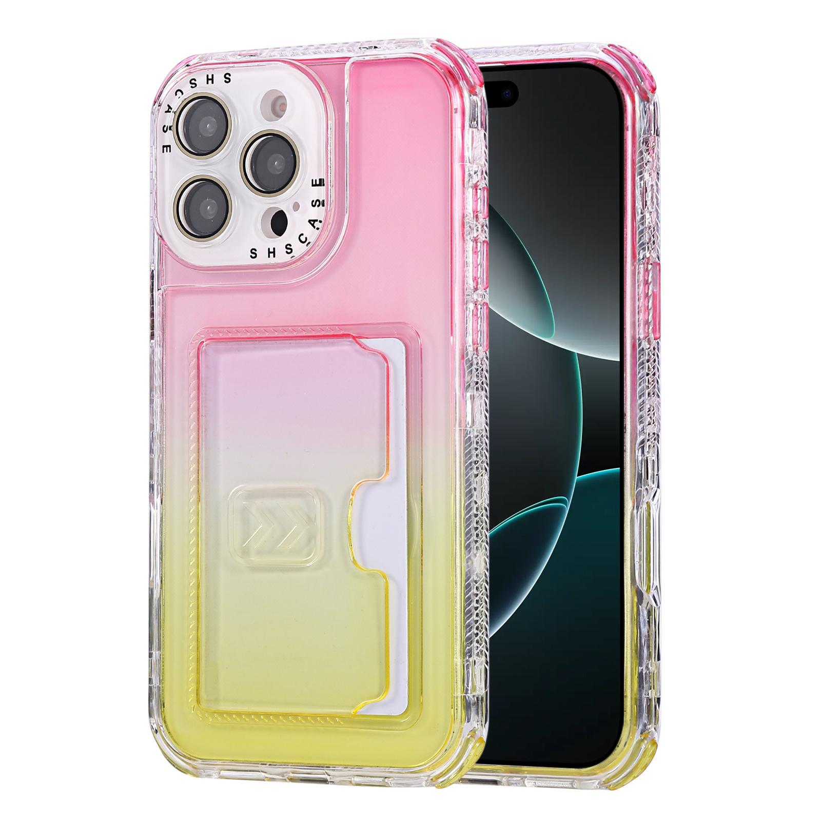 For iPhone 16 Pro Gradient 3-in-1 Card Bag TPU Shockproof Phone Case(Pink Yellow) - Shopkiz.com