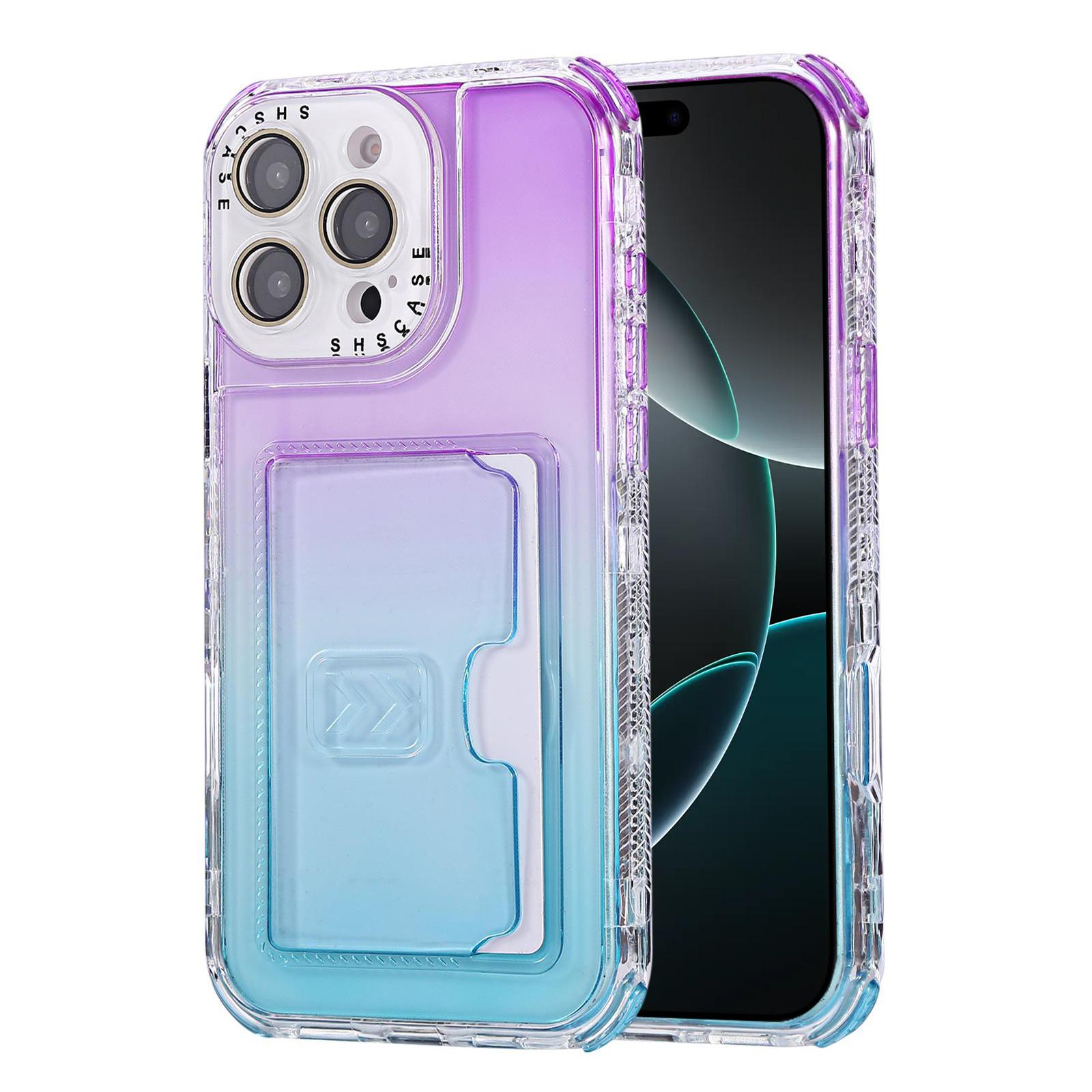For iPhone 16 Pro Gradient 3-in-1 Card Bag TPU Shockproof Phone Case(Purple Sky Blue) - Shopkiz.com