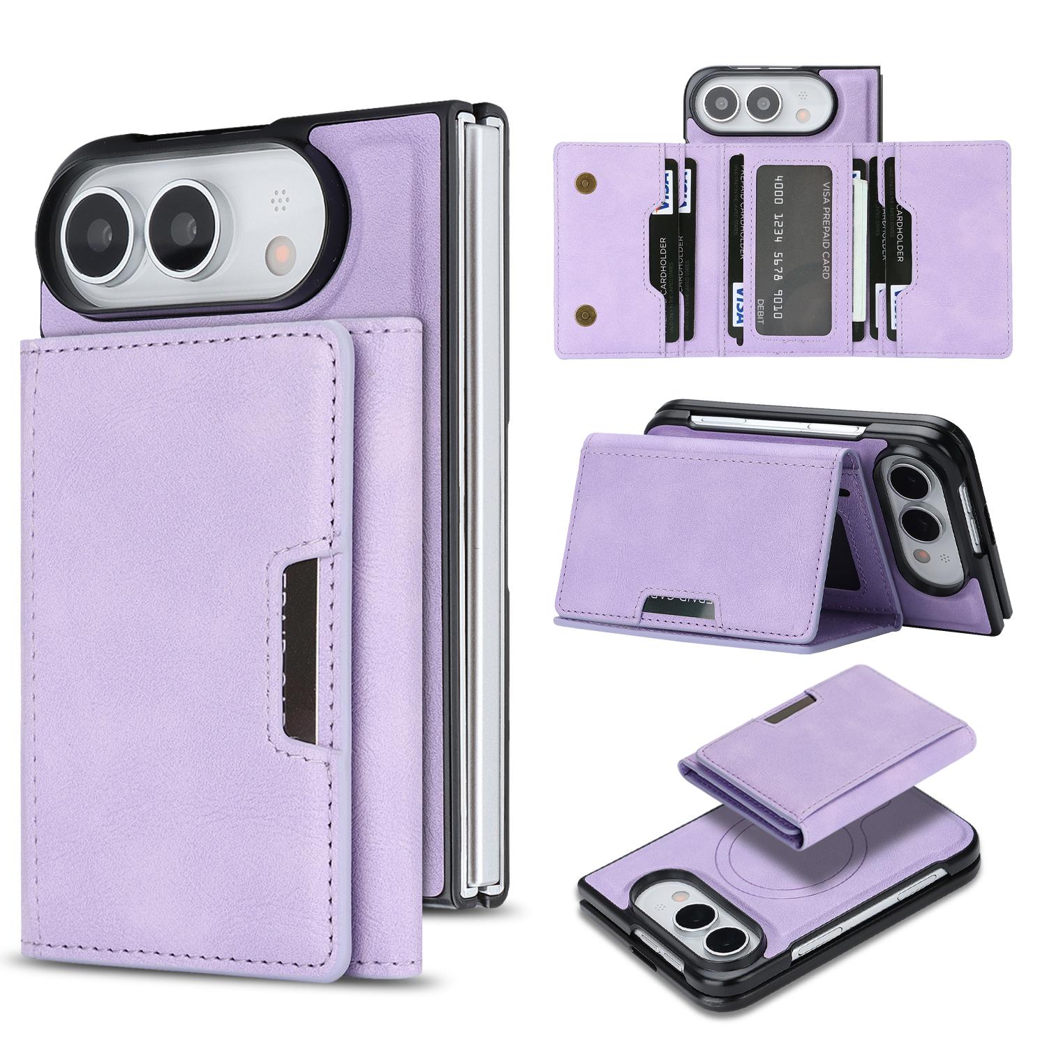 For iPhone Fold Kalebol Strong Magnetic MagSafe Tri-Fold Wallet Leather Phone Case(Purple) - Shopkiz.com