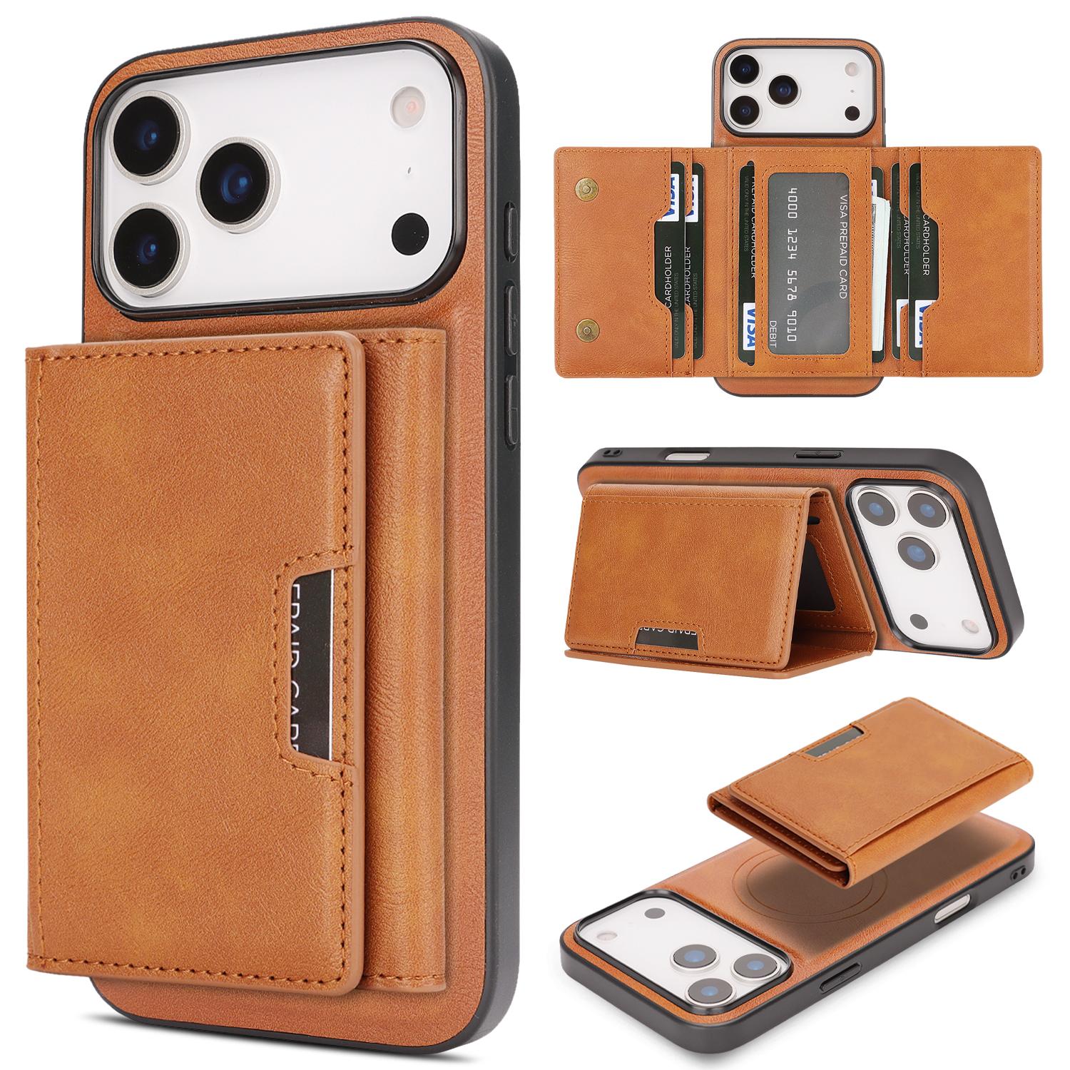For iPhone 18 Pro Max Kalebol Strong Magnetic MagSafe Tri-Fold Wallet Leather Phone Case(Brown) - Shopkiz.com