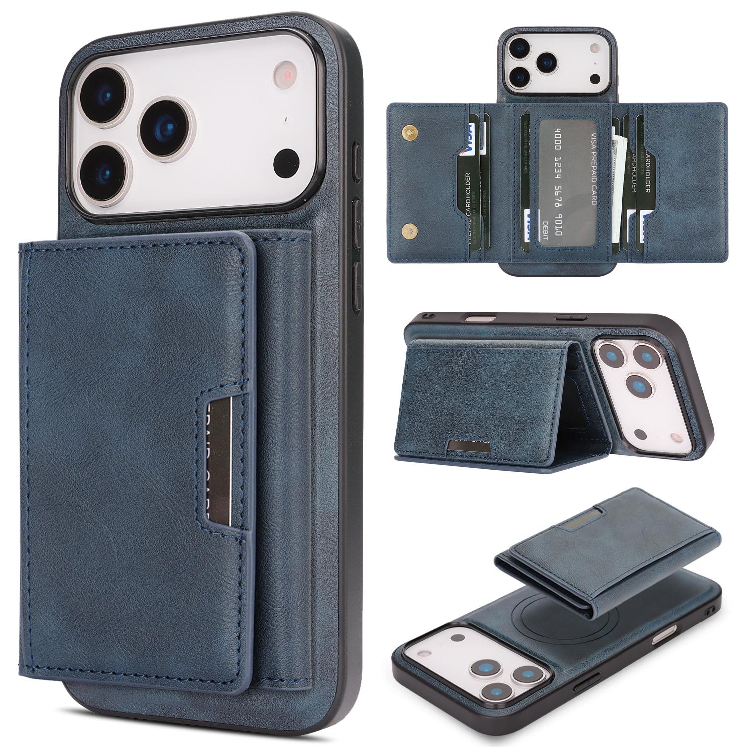 For iPhone 18 Pro Max Kalebol Strong Magnetic MagSafe Tri-Fold Wallet Leather Phone Case(Blue) - Shopkiz.com
