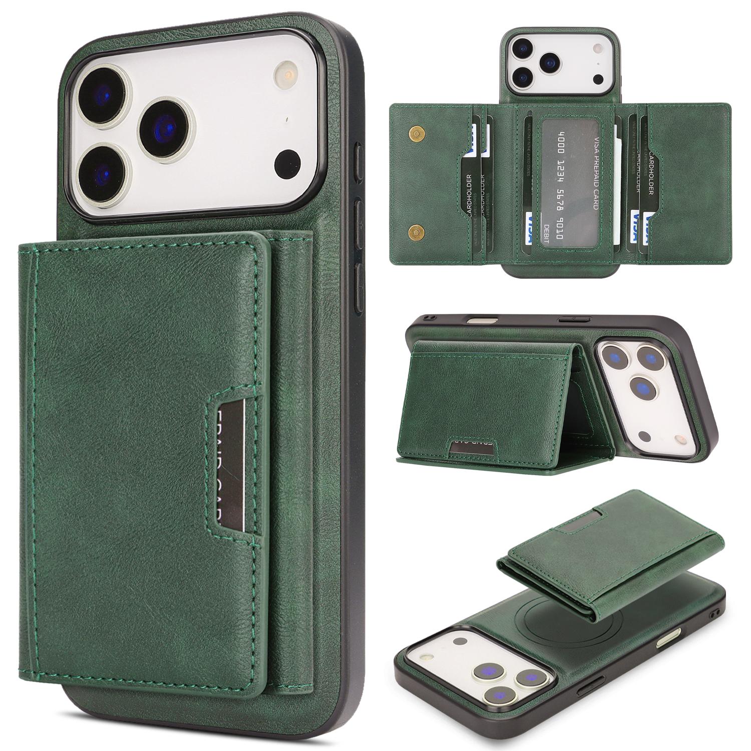 For iPhone 18 Pro Max Kalebol Strong Magnetic MagSafe Tri-Fold Wallet Leather Phone Case(Green) - Shopkiz.com